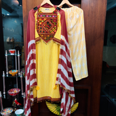 Yellow Striped Multi-Coloured Embroidered Stitched Suit Set