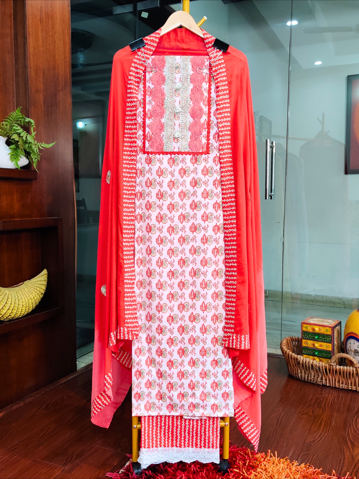 Red and White Cotton Unstitched Dress Material Suit Set