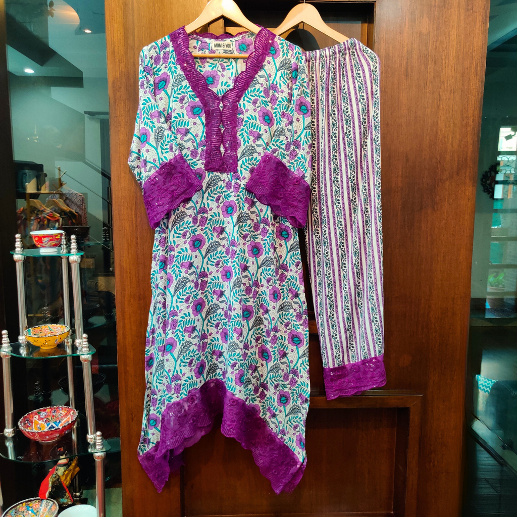 White and Purple Sequin Lace Handblock Cotton Stitched Co-Ord Set