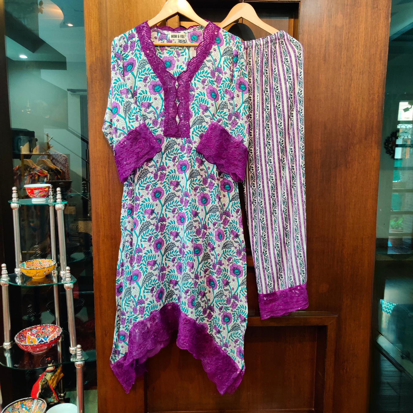 White and Purple Sequin Lace Handblock Cotton Stitched Co-Ord Set