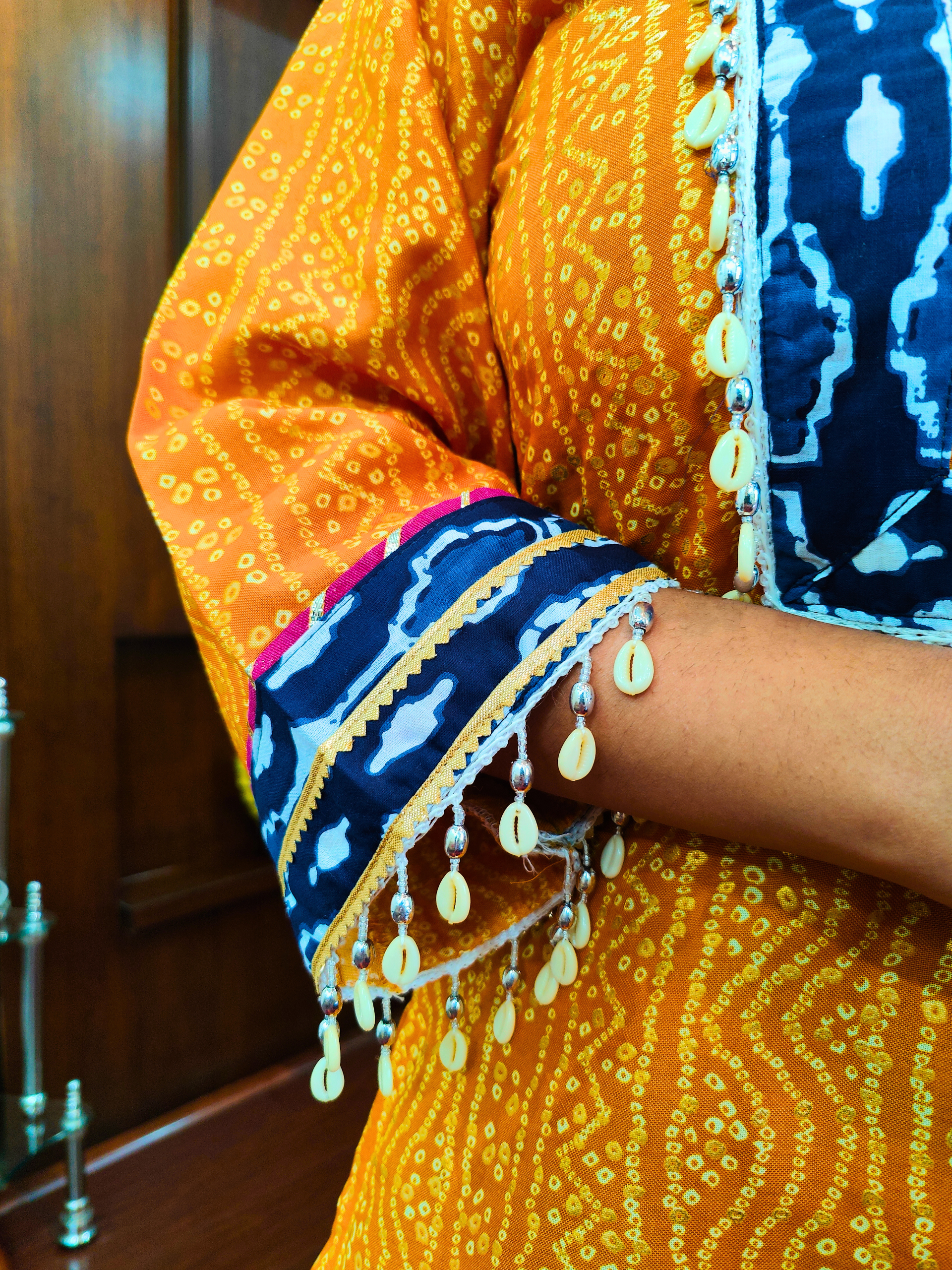 Yellow Bandhej Multi Coloured Gota Flowable Cotton Stitched Suit Set