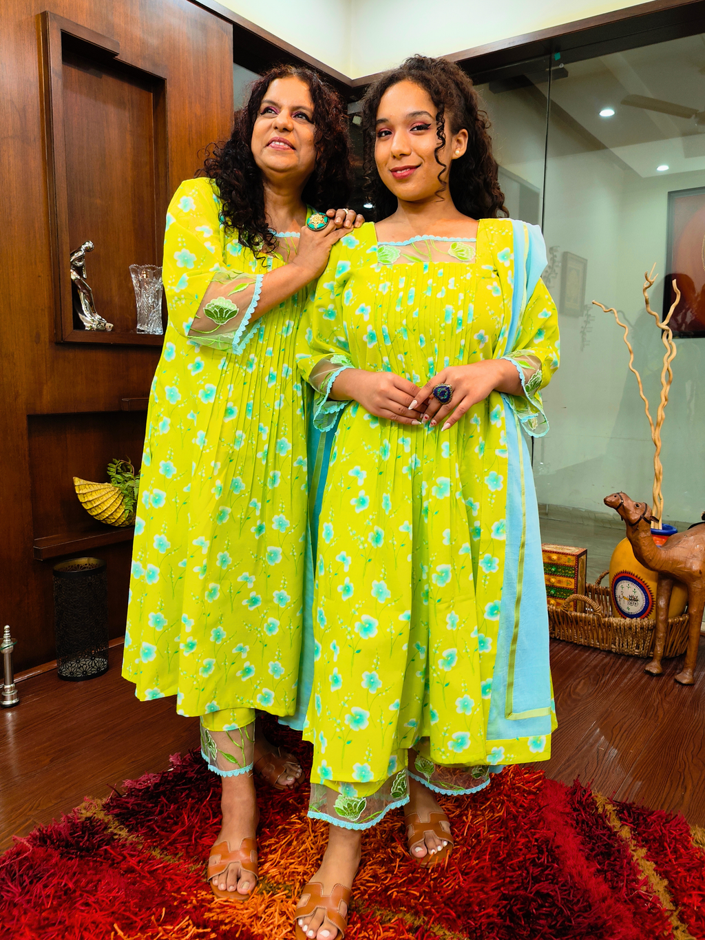 Lime Green Digital Printed Floral Embroidered Lace Cotton Stitched Suit Set