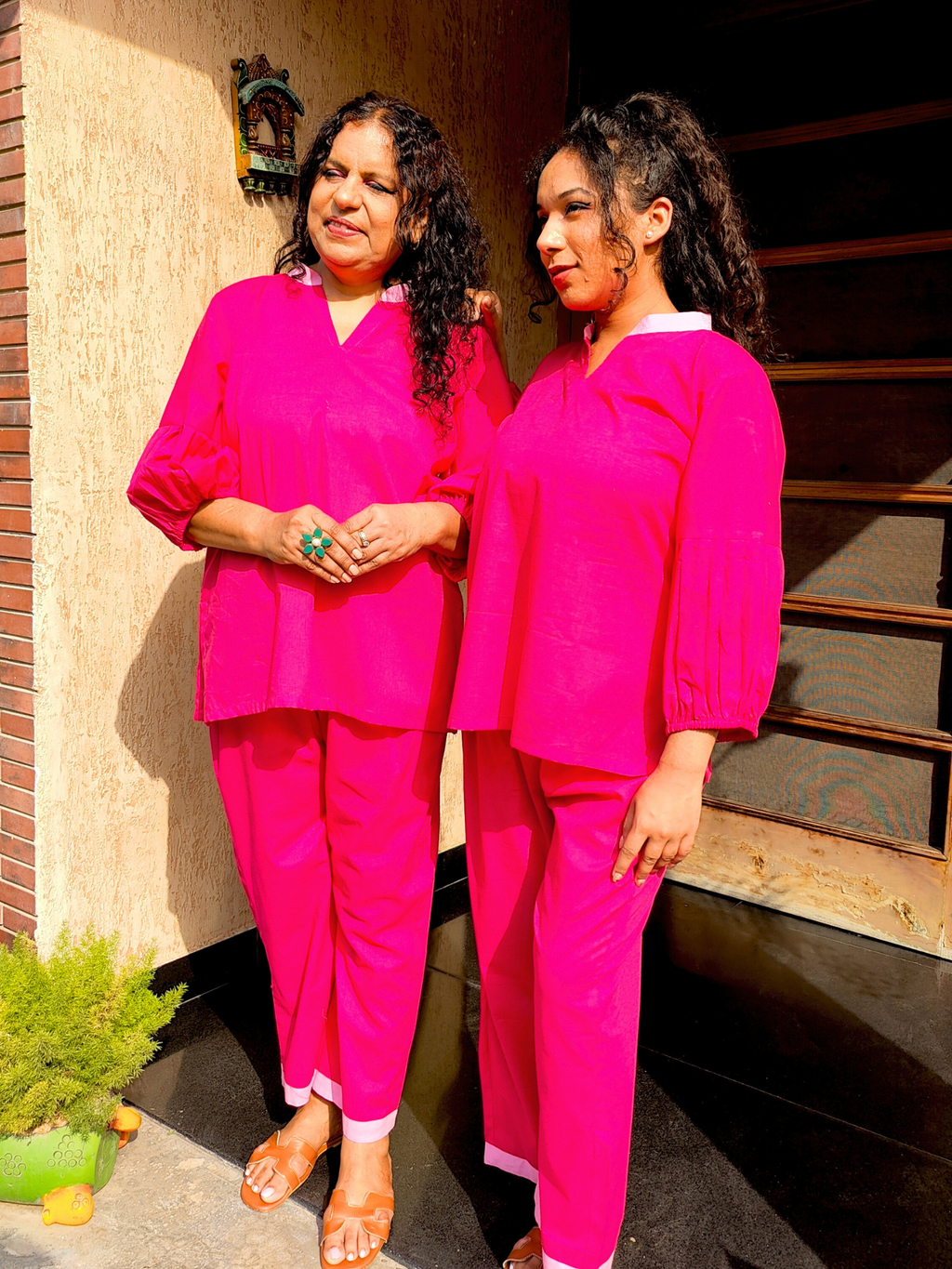 Magenta Cotton Pink Lace Stitched Co-Ord Set