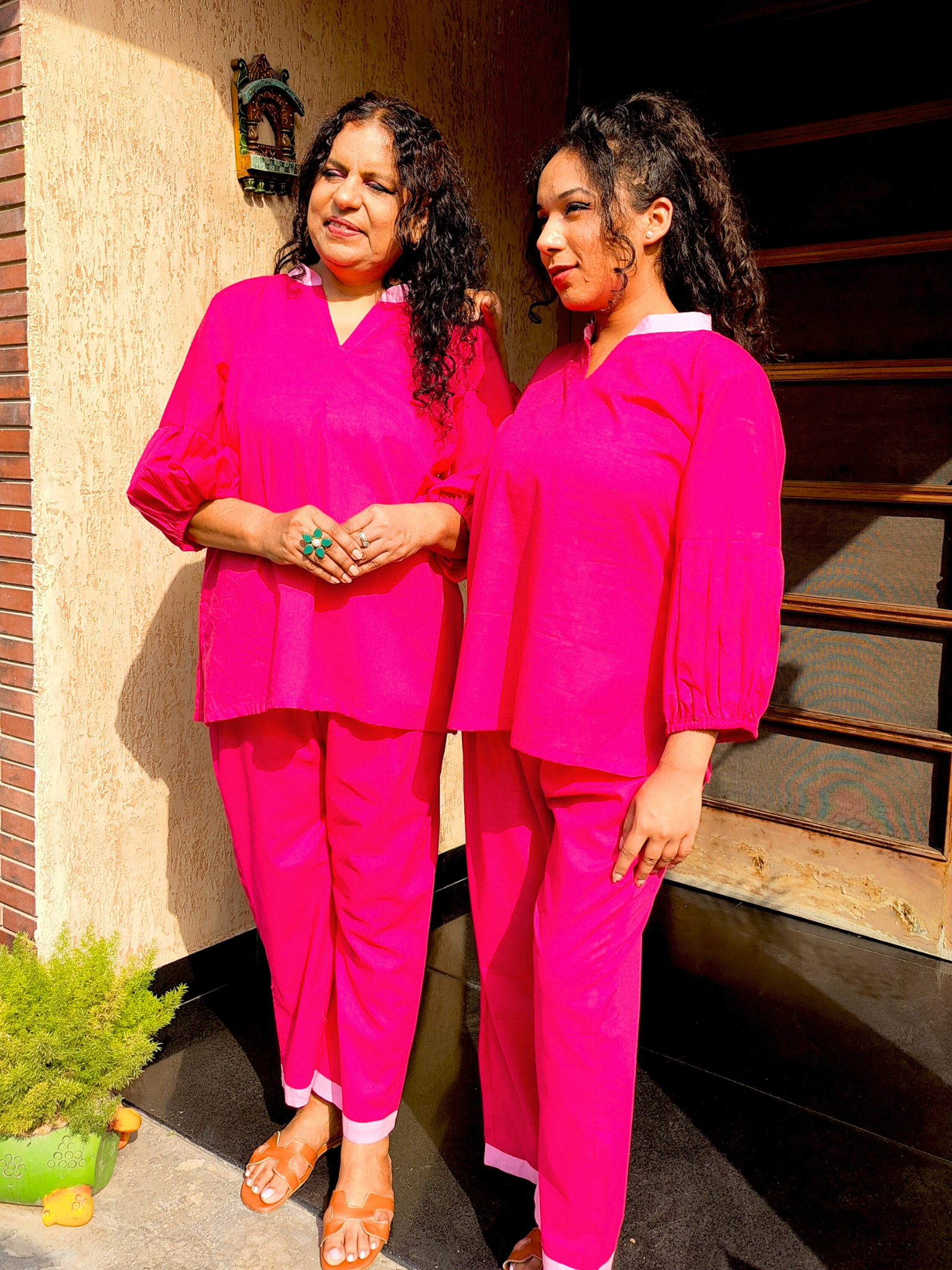 Magenta Cotton Pink Lace Stitched Co-Ord Set