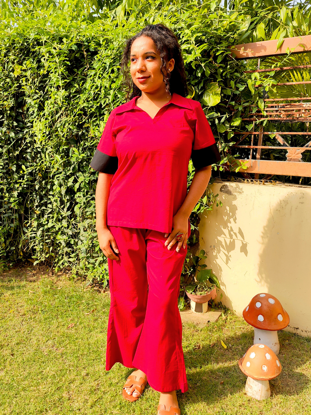 Red and Black Cotton Stitched Co-Ord Set