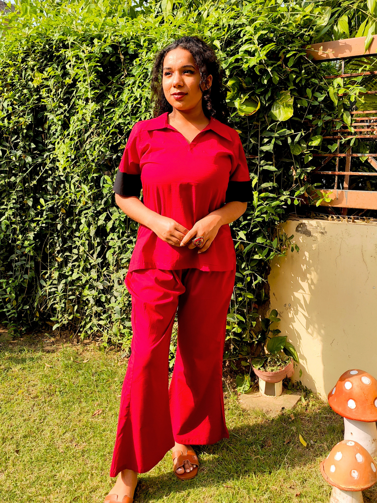 Red and Black Cotton Stitched Co-Ord Set