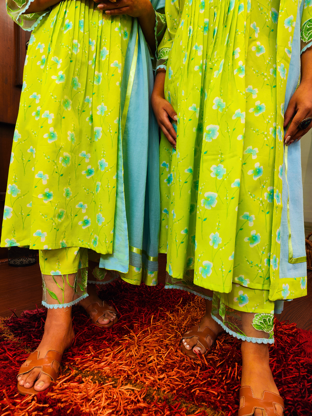 Lime Green Digital Printed Floral Embroidered Lace Cotton Stitched Suit Set