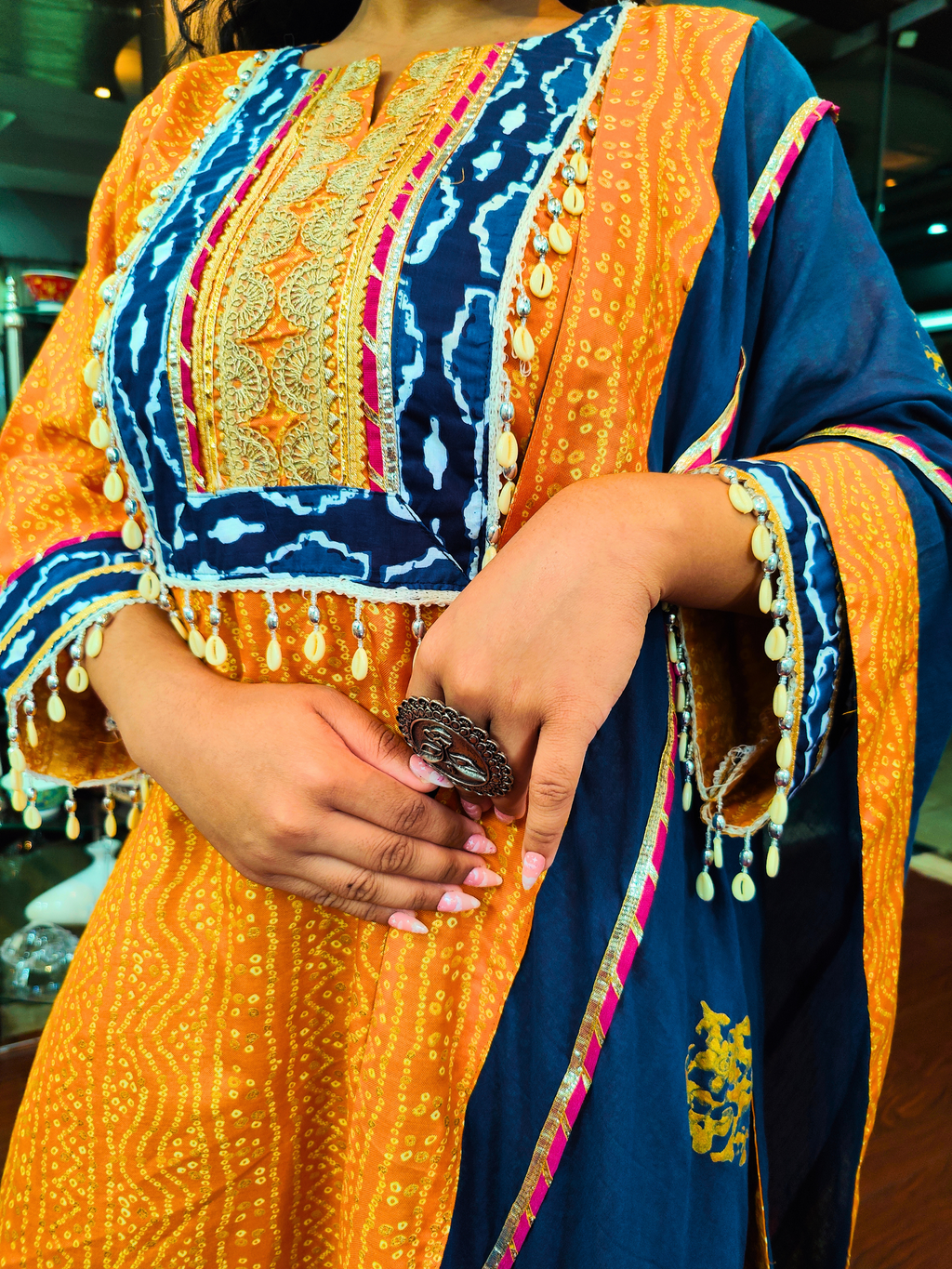 Yellow Bandhej Multi Coloured Gota Flowable Cotton Stitched Suit Set