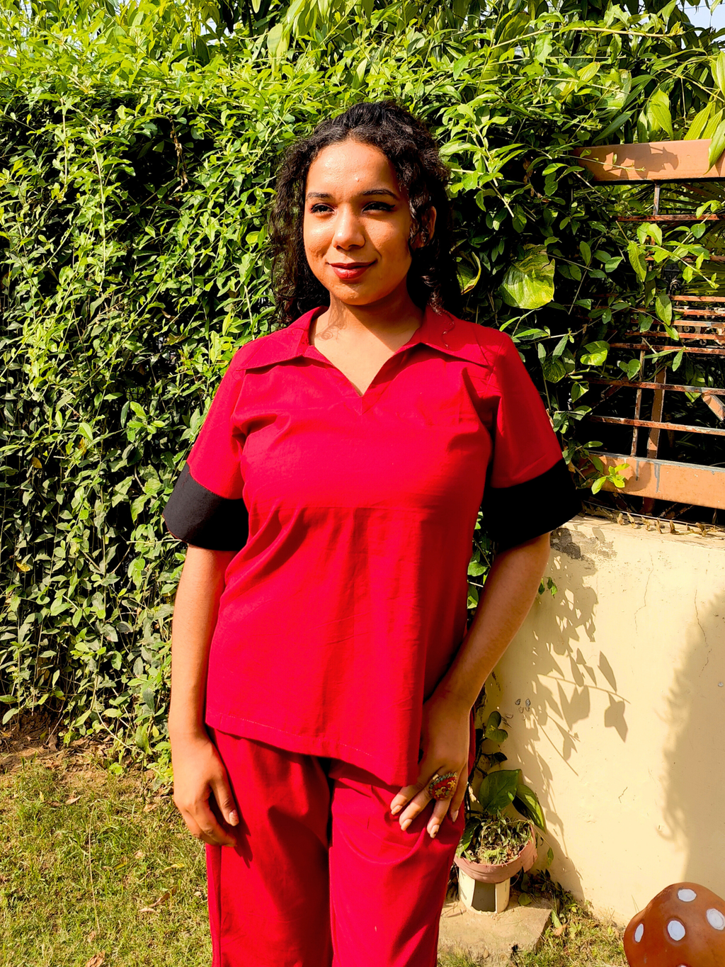 Red and Black Cotton Stitched Co-Ord Set