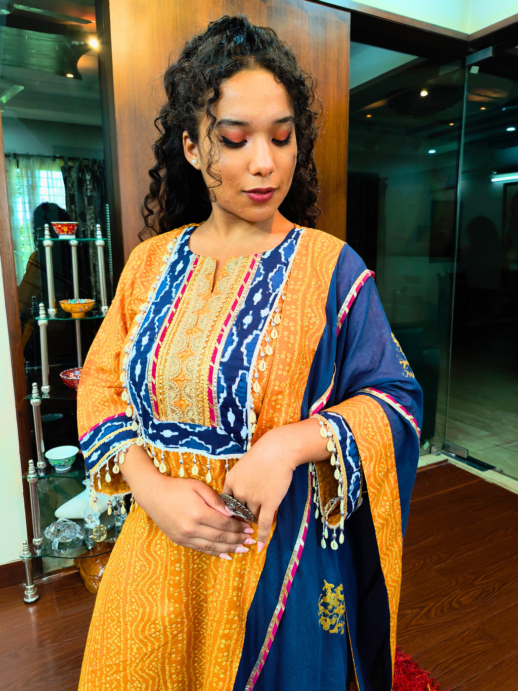 Yellow Bandhej Multi Coloured Gota Flowable Cotton Stitched Suit Set