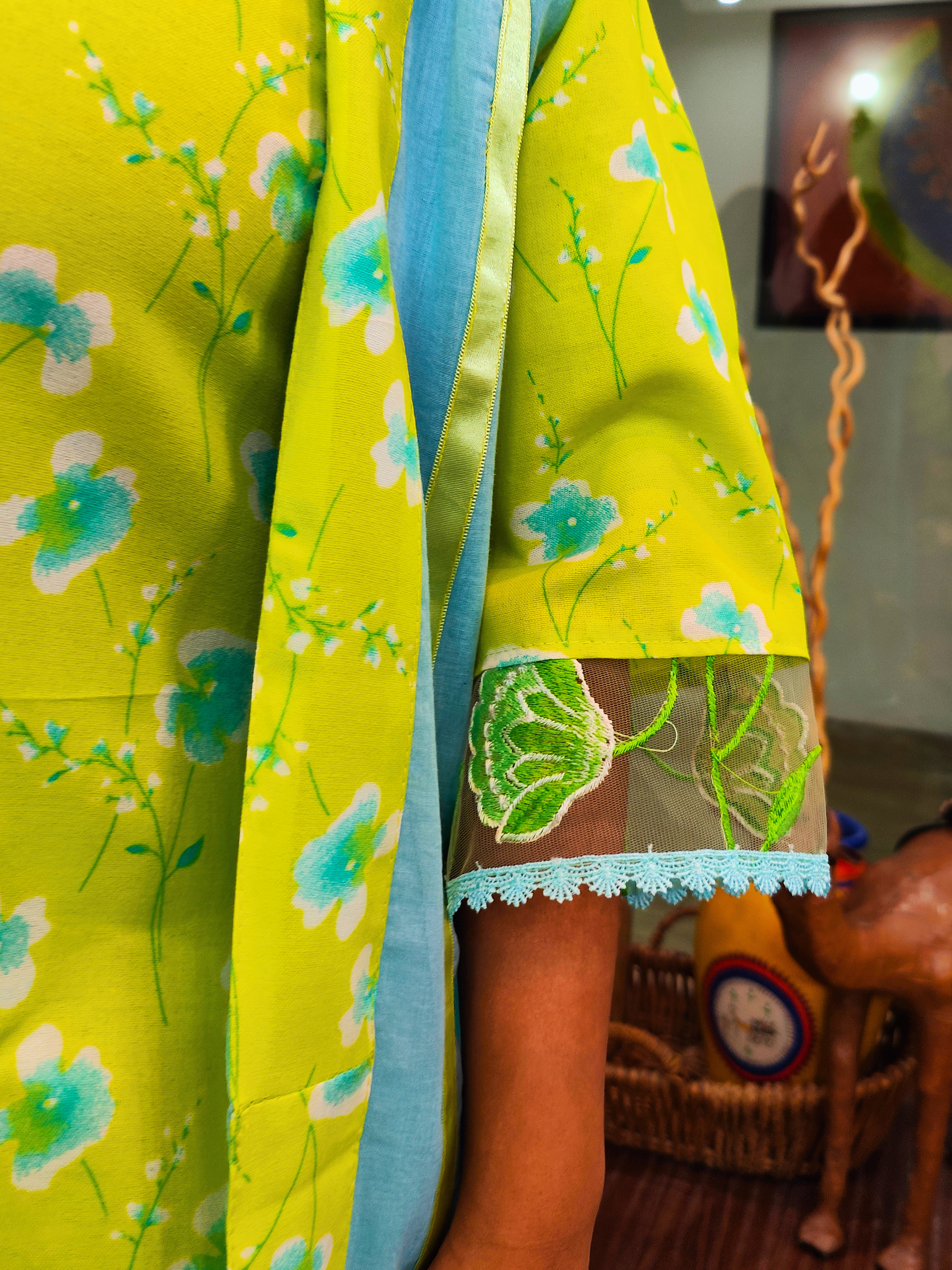 Lime Green Digital Printed Floral Embroidered Lace Cotton Stitched Suit Set