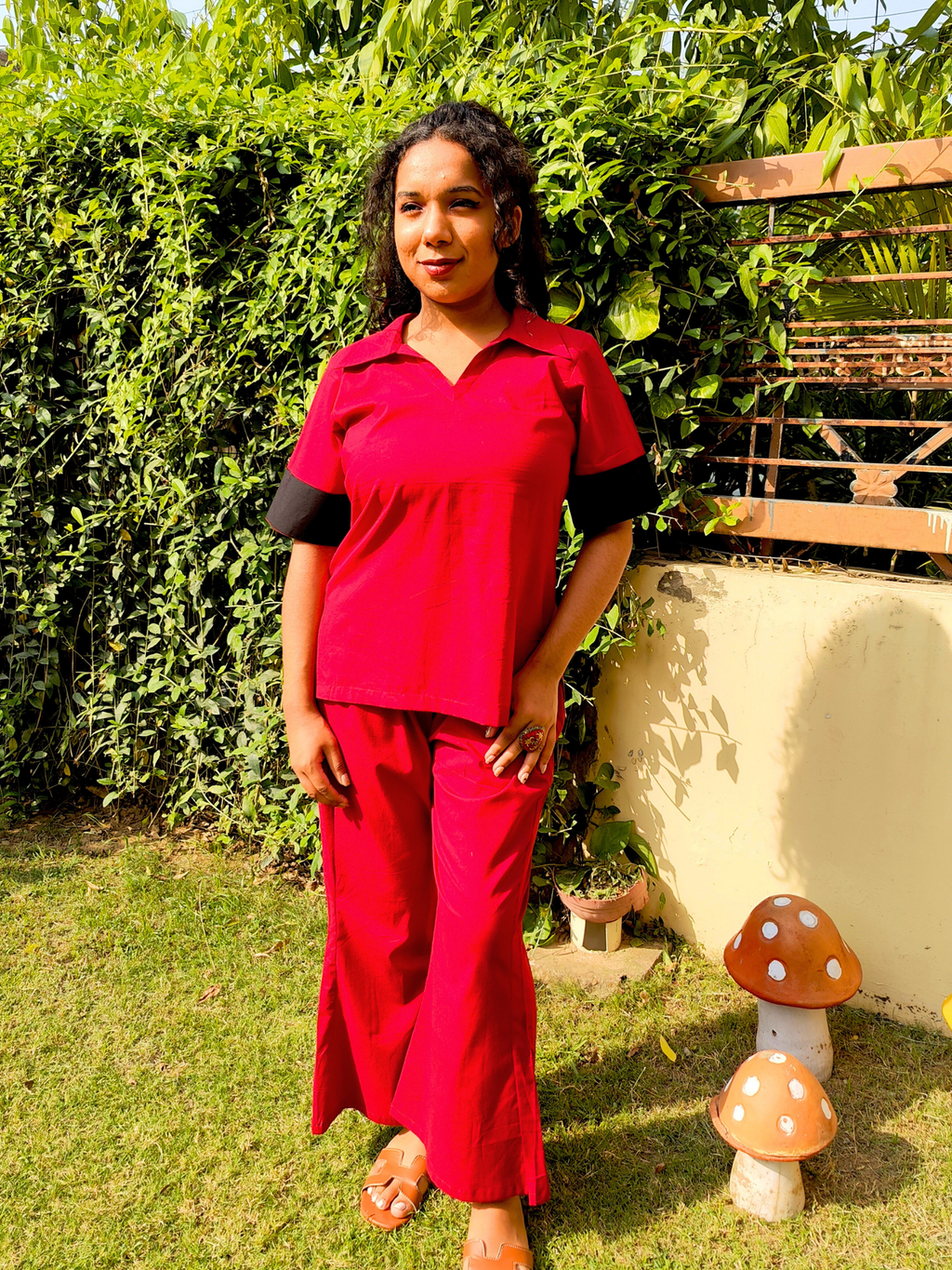 Red and Black Cotton Stitched Co-Ord Set