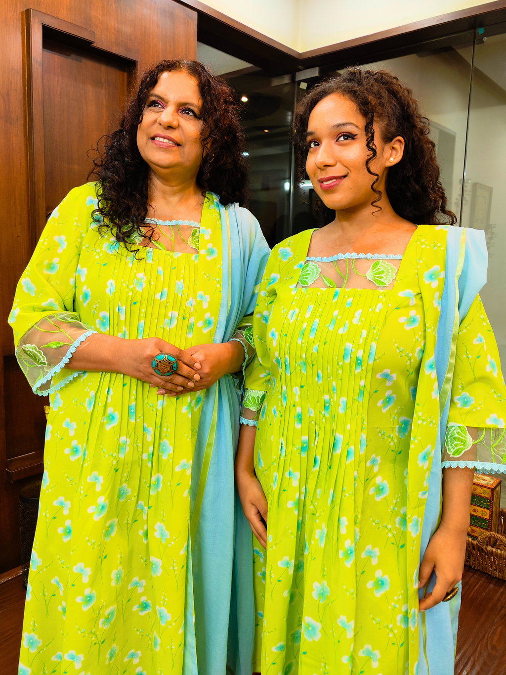 Lime Green Digital Printed Floral Embroidered Lace Cotton Stitched Suit Set