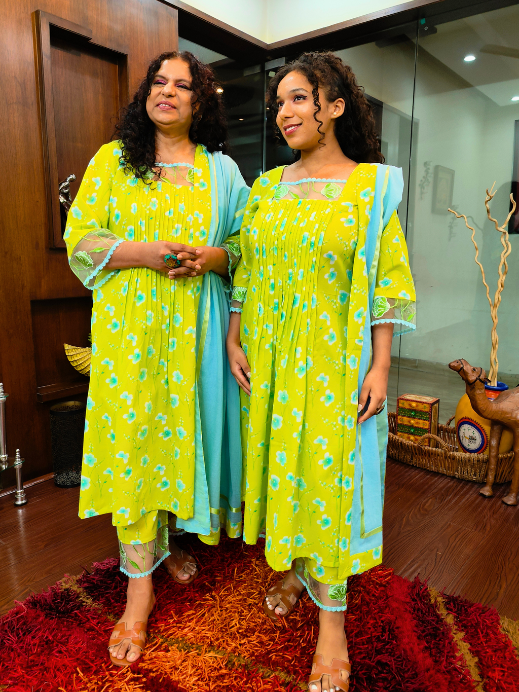 Lime Green Digital Printed Floral Embroidered Lace Cotton Stitched Suit Set