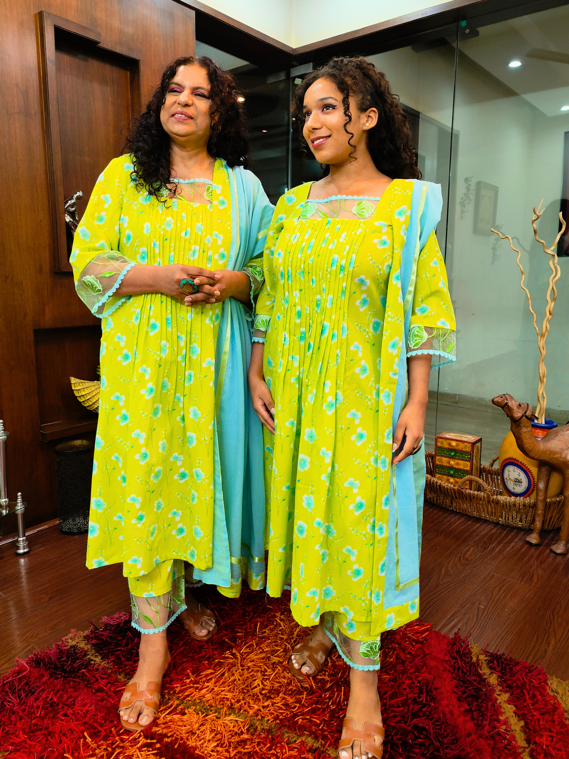 Lime Green Digital Printed Floral Embroidered Lace Cotton Stitched Suit Set