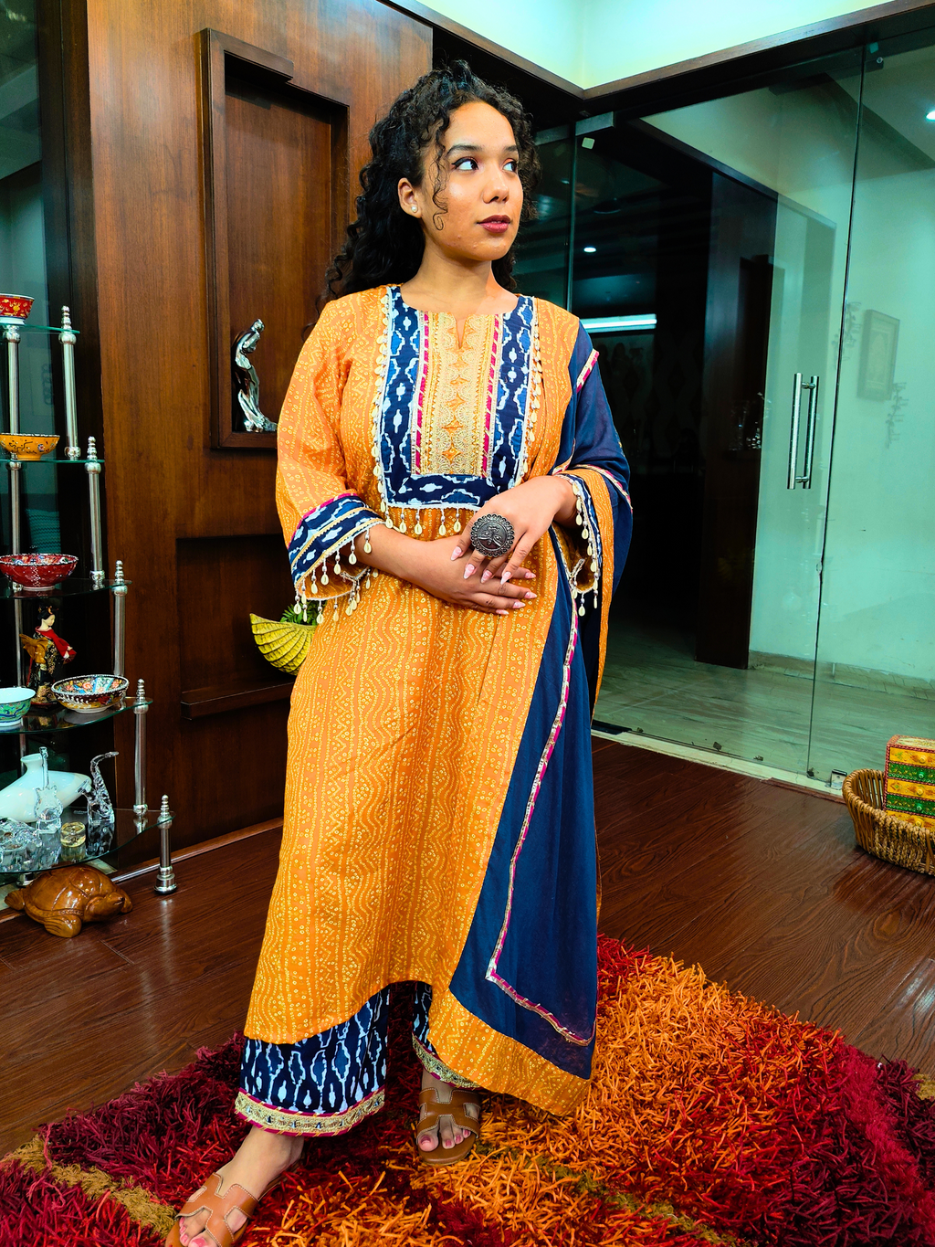 Yellow Bandhej Multi Coloured Gota Flowable Cotton Stitched Suit Set