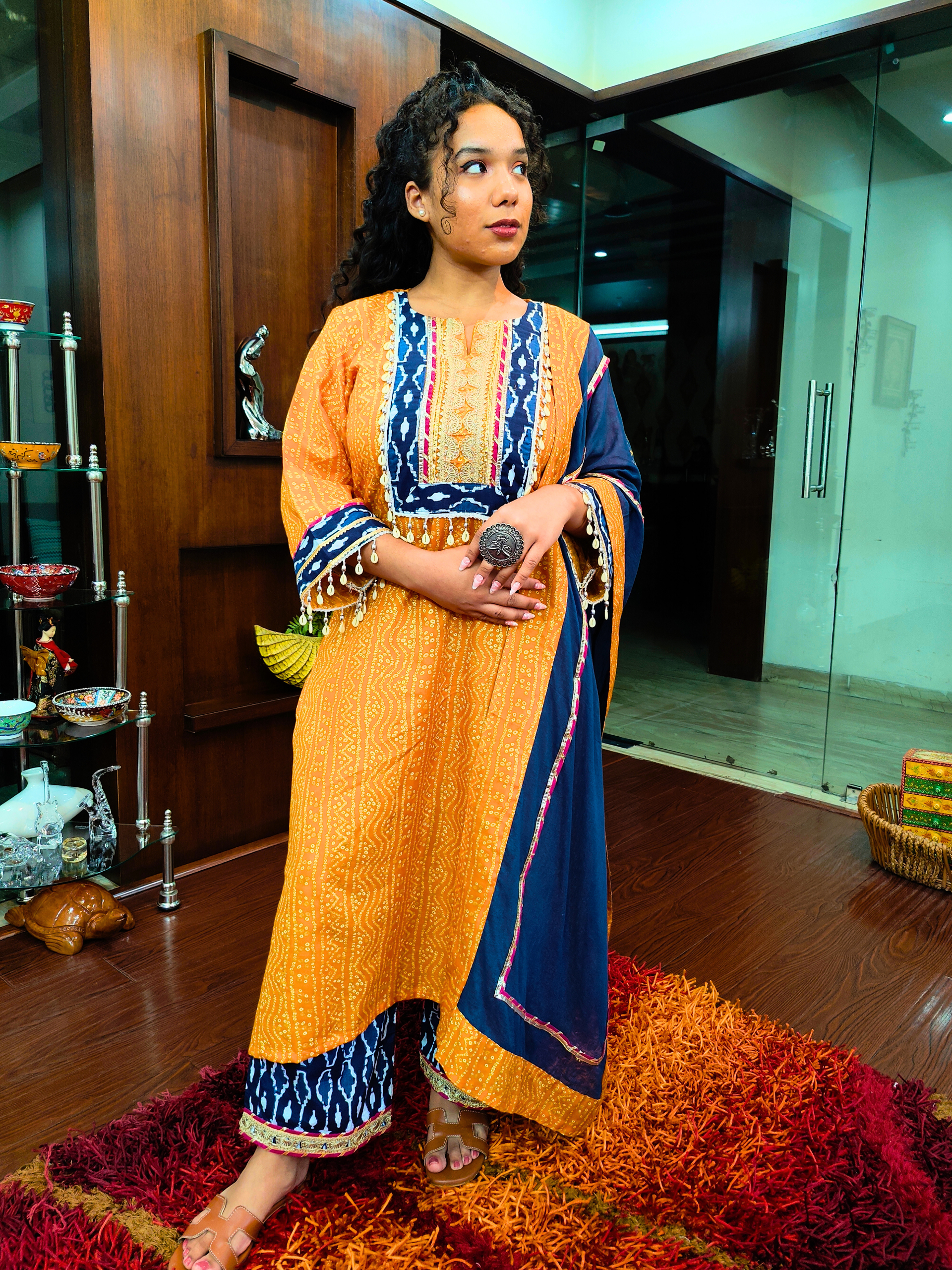 Yellow Bandhej Multi Coloured Gota Flowable Cotton Stitched Suit Set