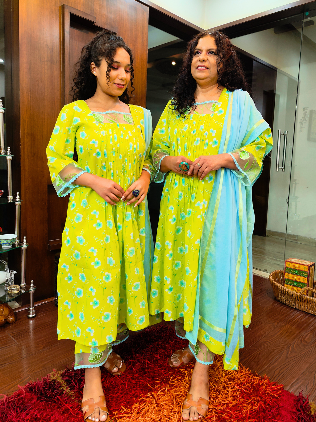 Lime Green Digital Printed Floral Embroidered Lace Cotton Stitched Suit Set