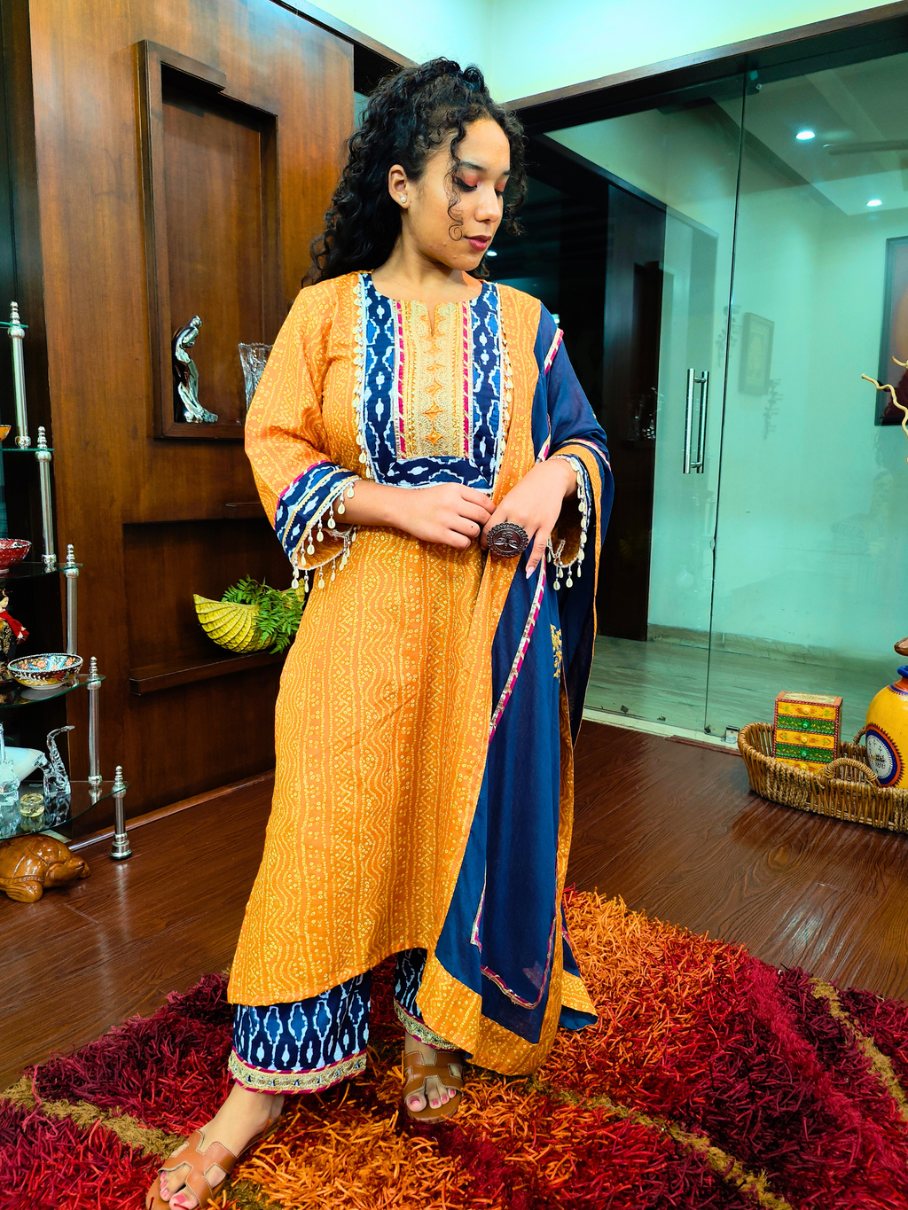 Yellow Bandhej Multi Coloured Gota Flowable Cotton Stitched Suit Set