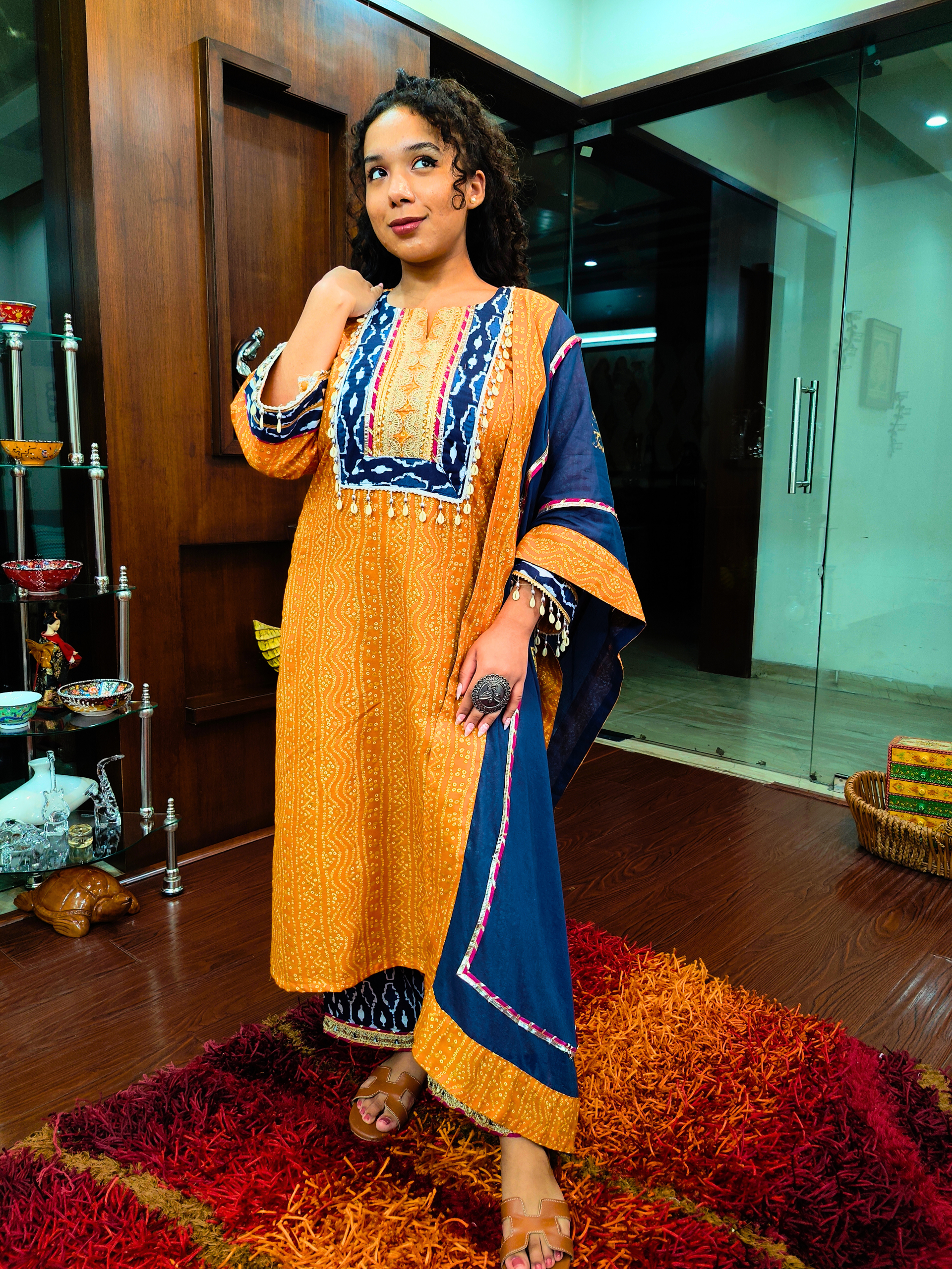 Yellow Bandhej Multi Coloured Gota Flowable Cotton Stitched Suit Set