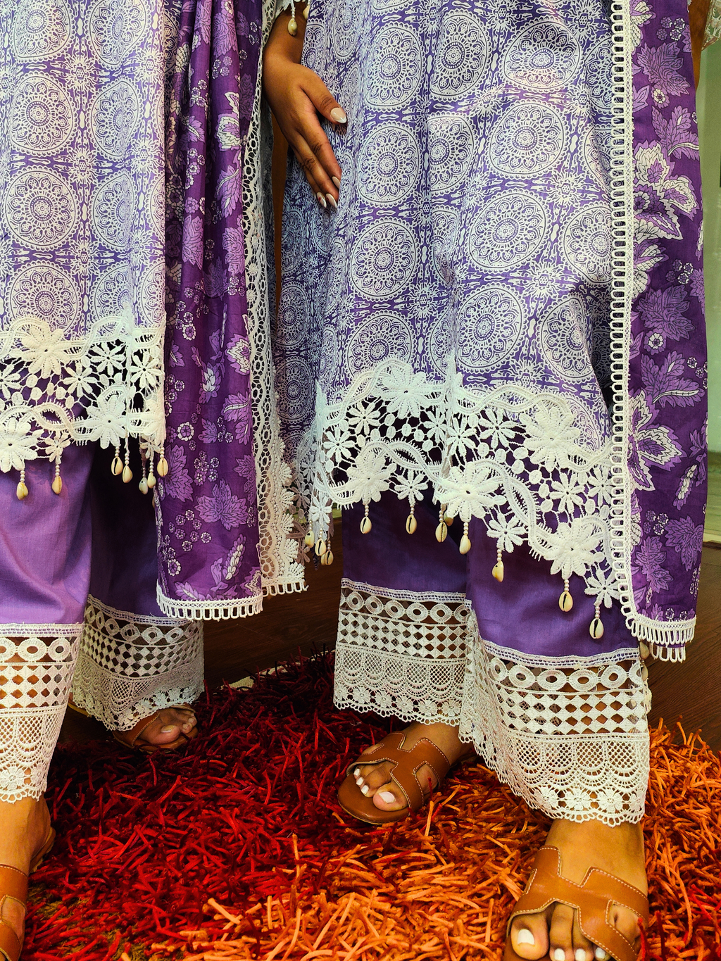 Purple Handblock White Italian Lace Cotton Stitched Suit Set