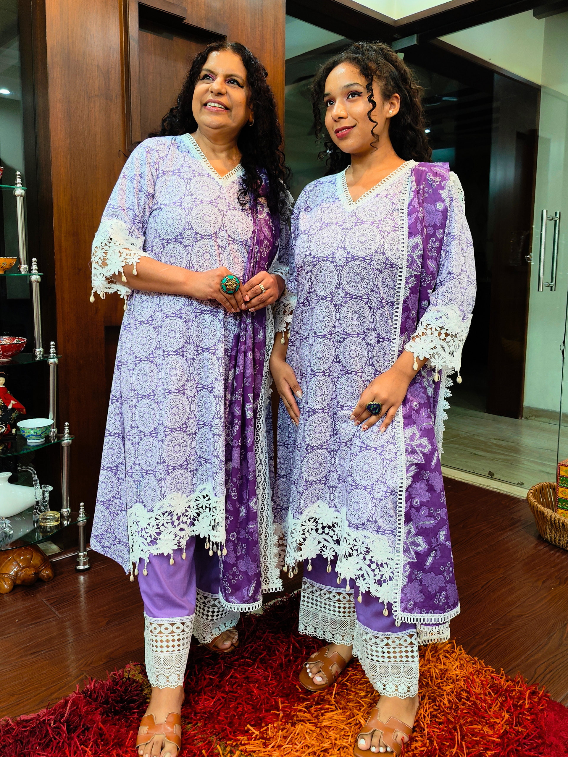 Purple Handblock White Italian Lace Cotton Stitched Suit Set