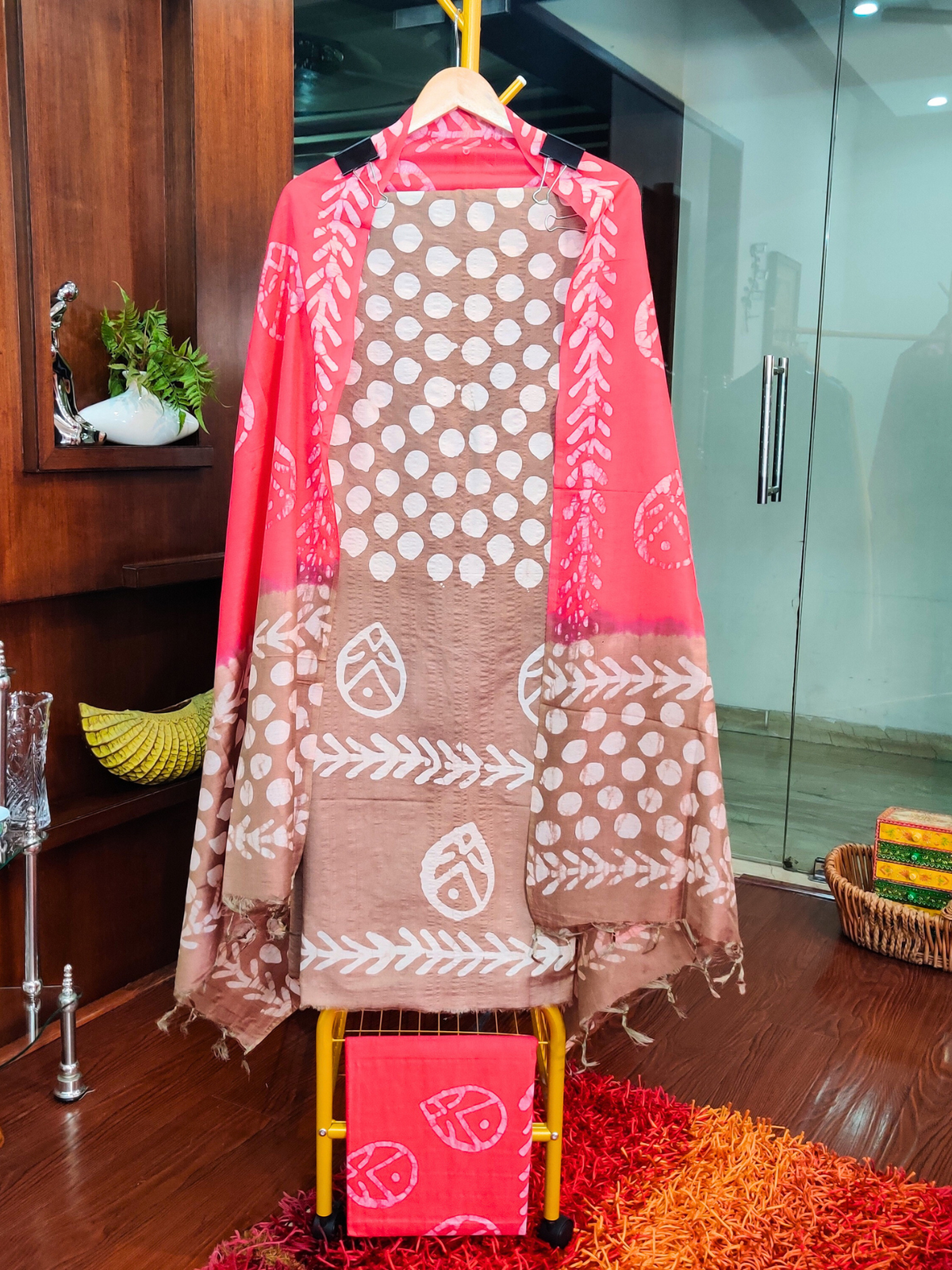 Brown and Peach Batik Cotton Silk Unstitched Dress Material Suit Set