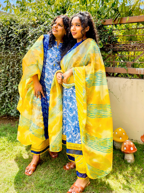 Blue Digital Printed Yellow Lace Cotton Stitched Suit Set