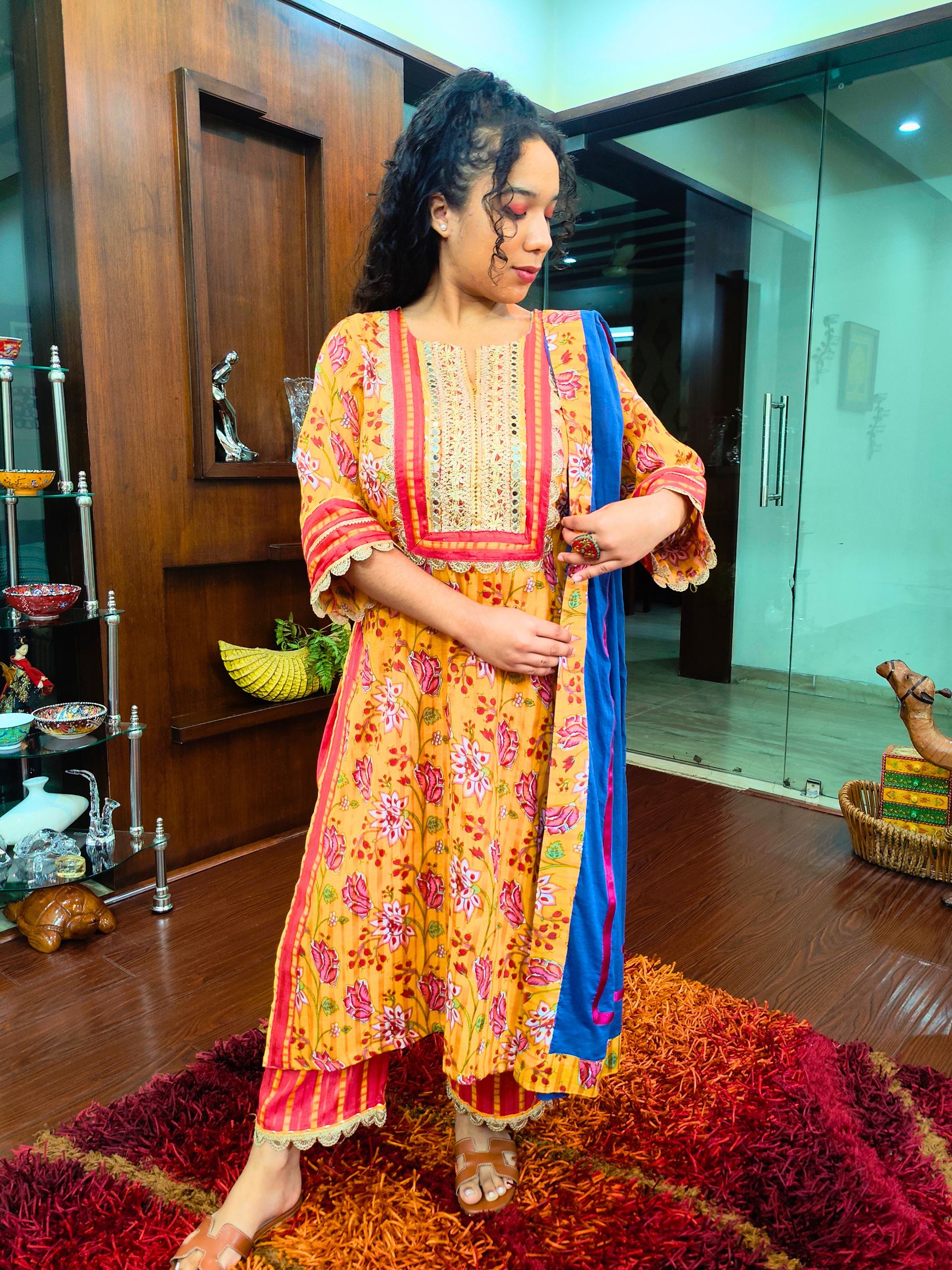 Yellow Floral Digital Printed Silver Gota Cotton Stitched Suit Set