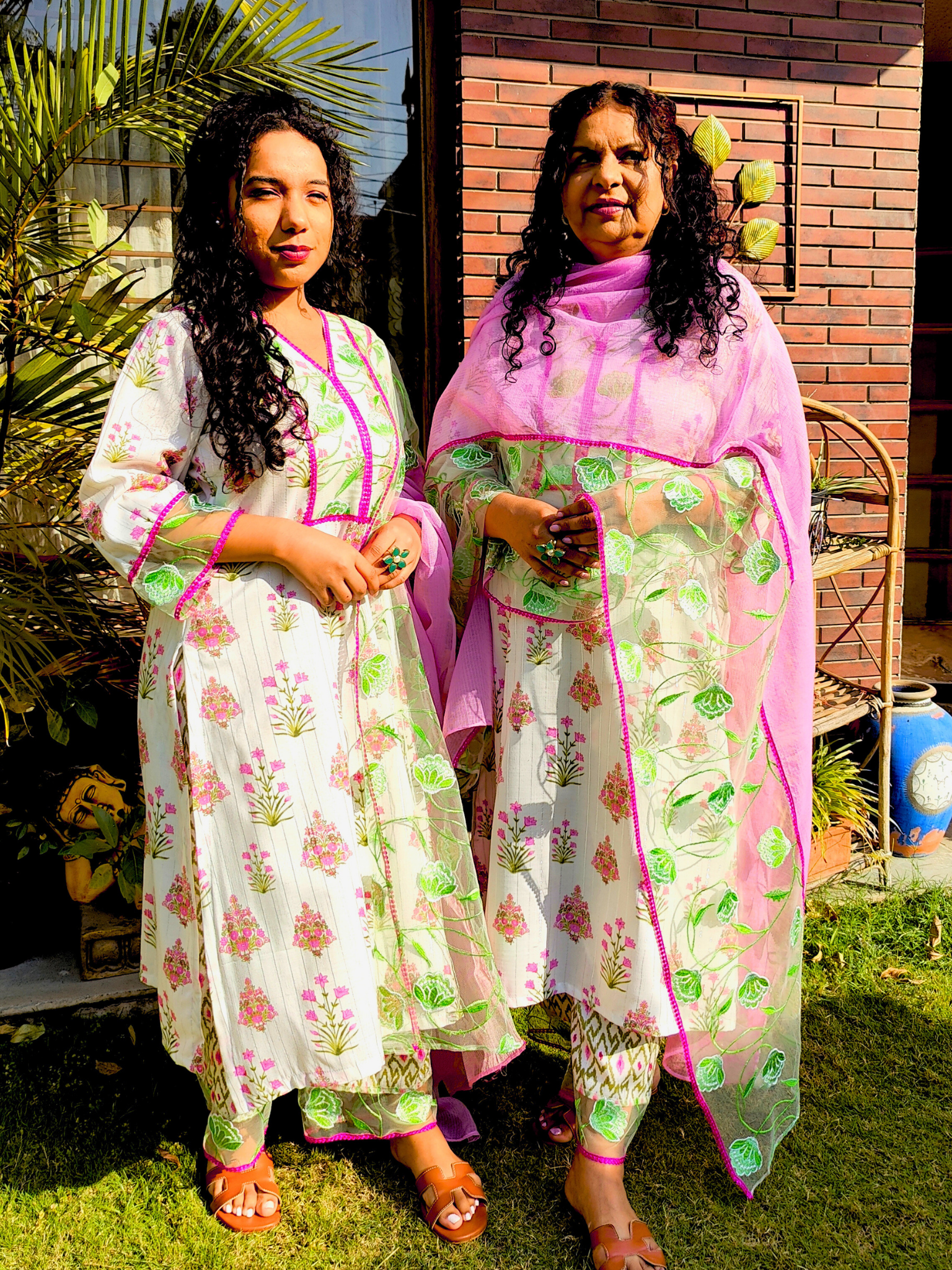 White Digital Printed Green Floral Lace Stitched Suit Set