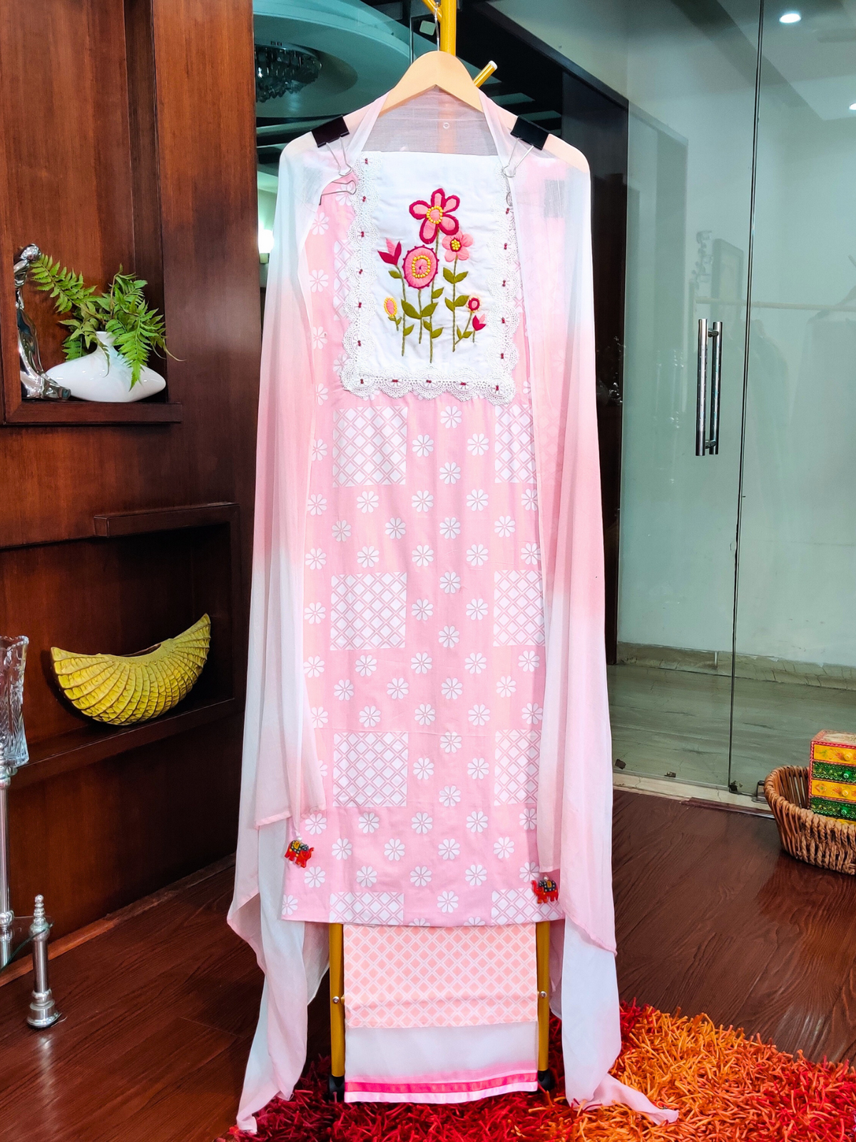 Pink and White Cotton Unstitched Dress Material Suit Set with Hand-Embroidered Patch