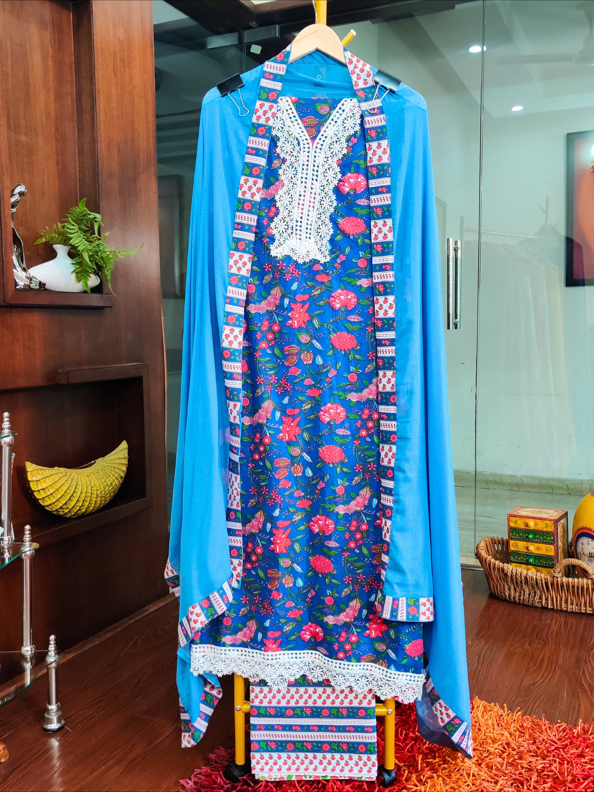 Blue Cotton Unstitched Dress Material Suit Set