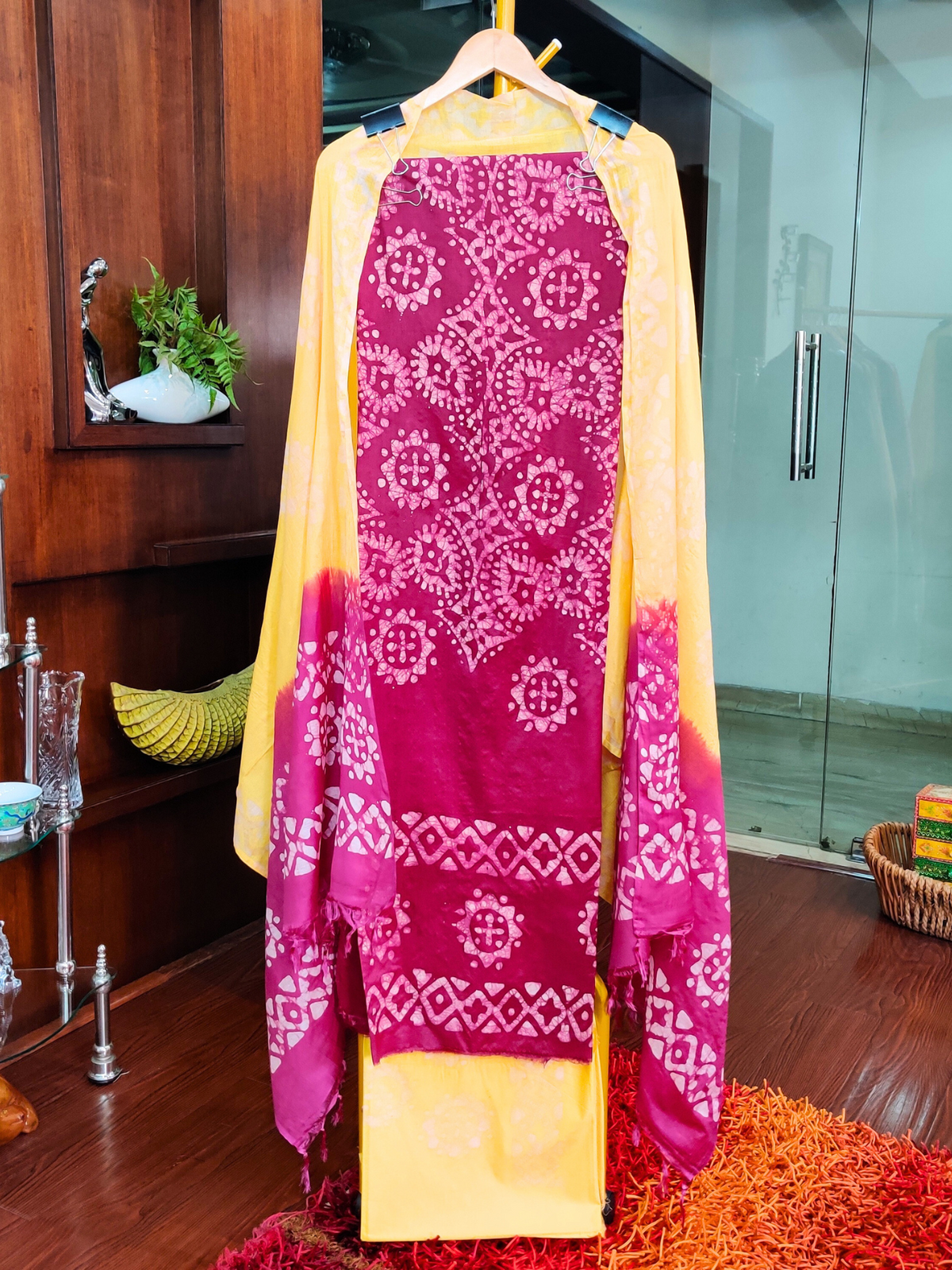Maroon and Yellow Batik Cotton Silk Unstitched Dress Material Suit Set