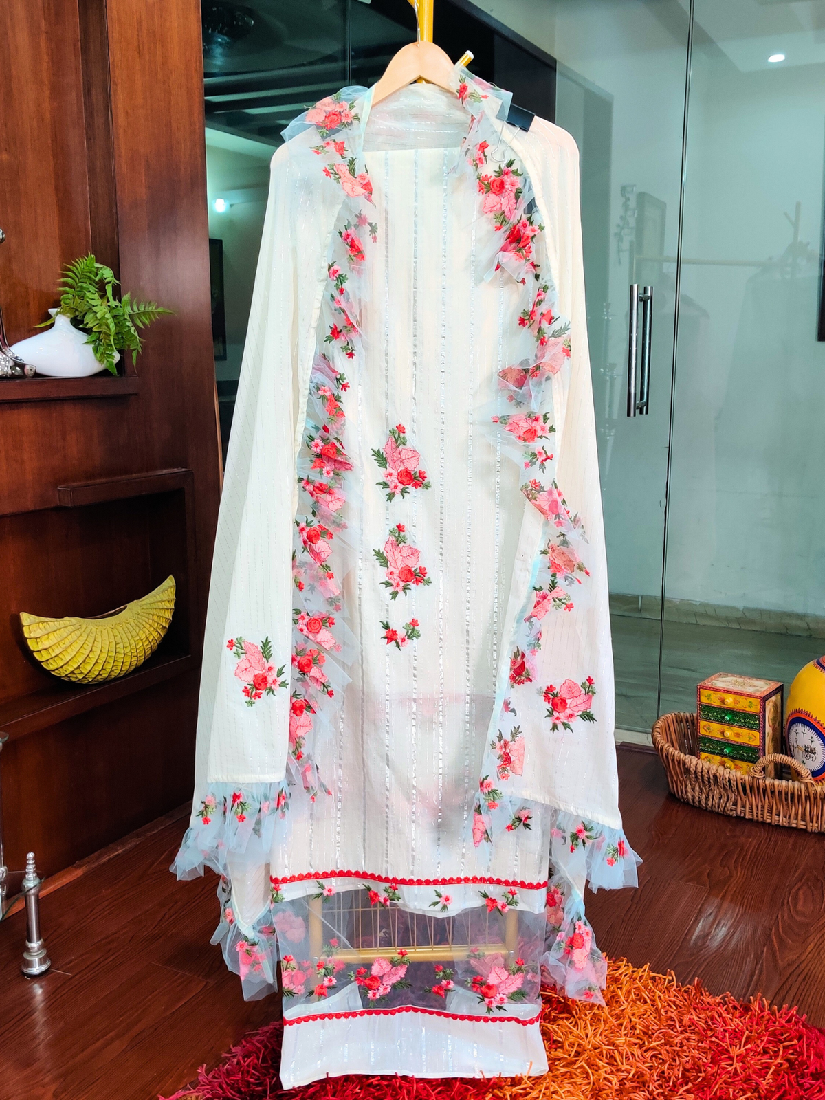 White Cotton Festive Cotton Unstitched Dress Material Suit Set for Occasion