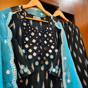 Black Ikat Mirror Cotton Stitched Suit Set
