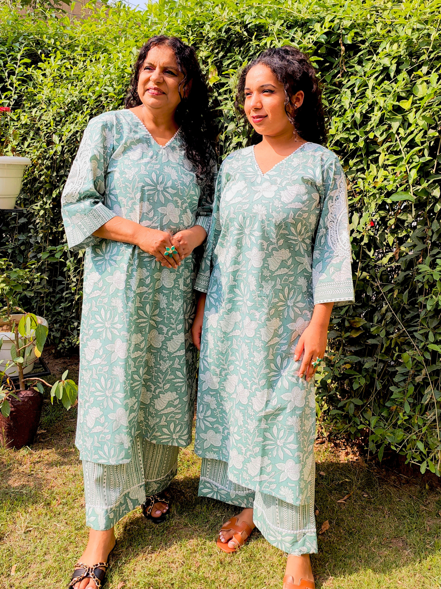 Green Digital Printed White Lace Cotton Stitched Co-Ord Set