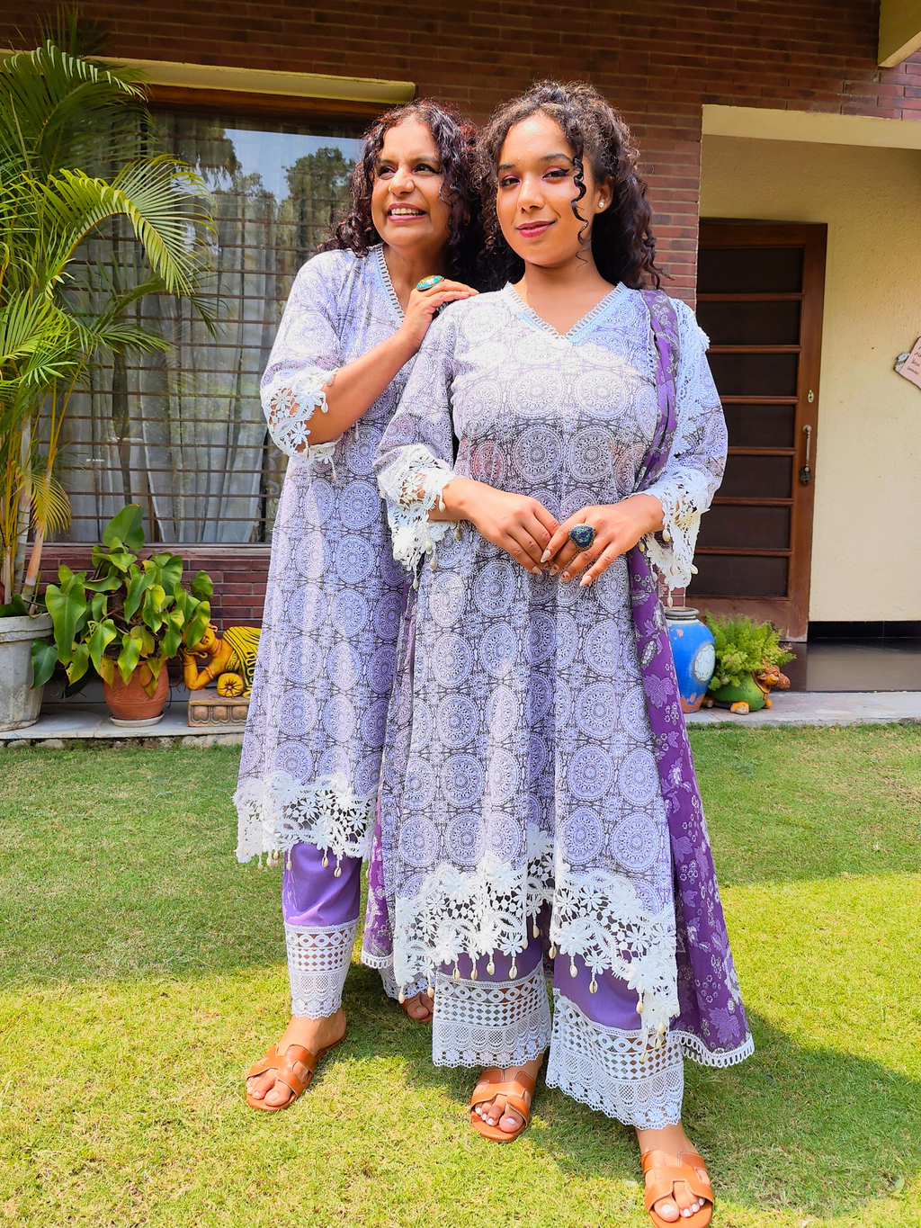 Purple Handblock White Italian Lace Cotton Stitched Suit Set