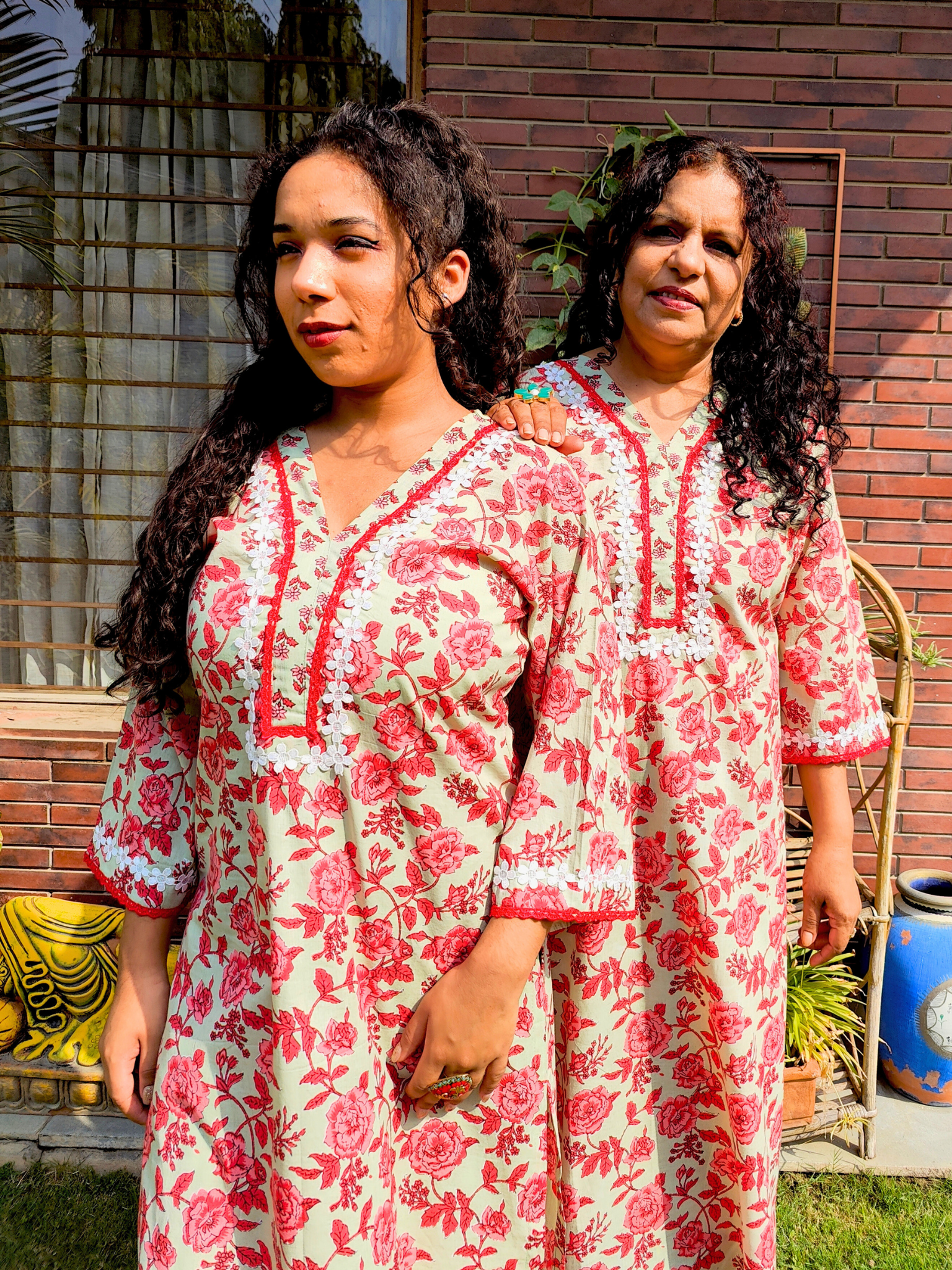 Red Floral Digital Printed Lace Cotton Stitched Co-Ord Set