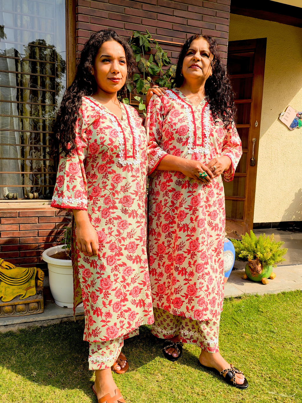 Red Floral Digital Printed Lace Cotton Stitched Co-Ord Set