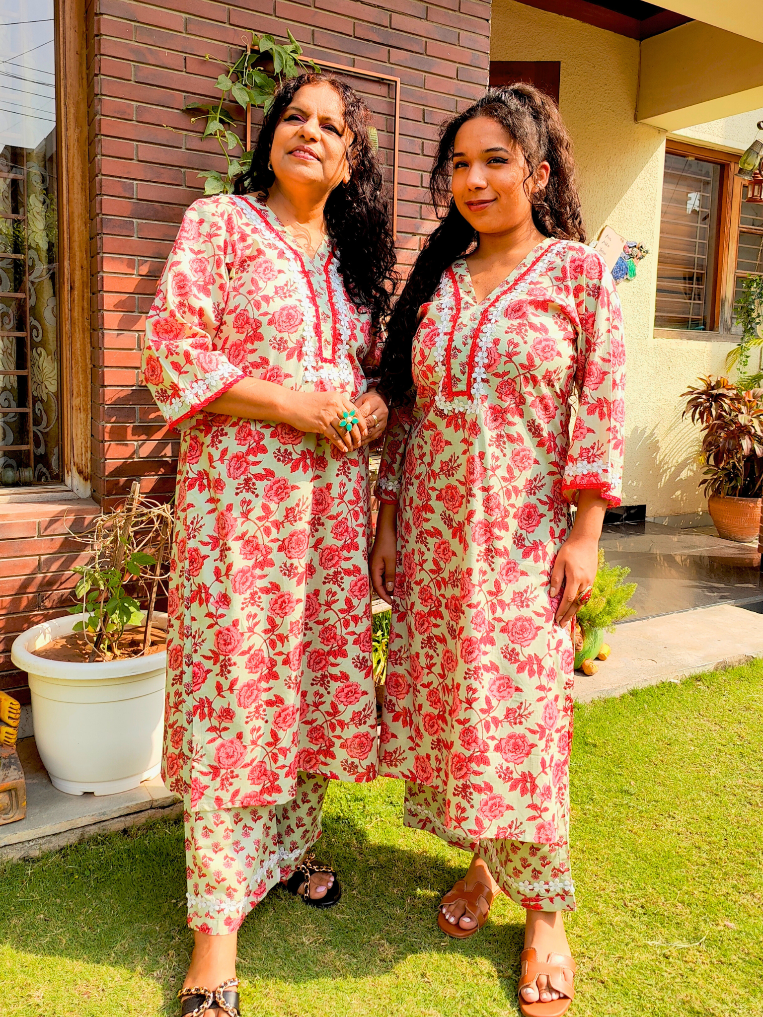 Red Floral Digital Printed Lace Cotton Stitched Co-Ord Set