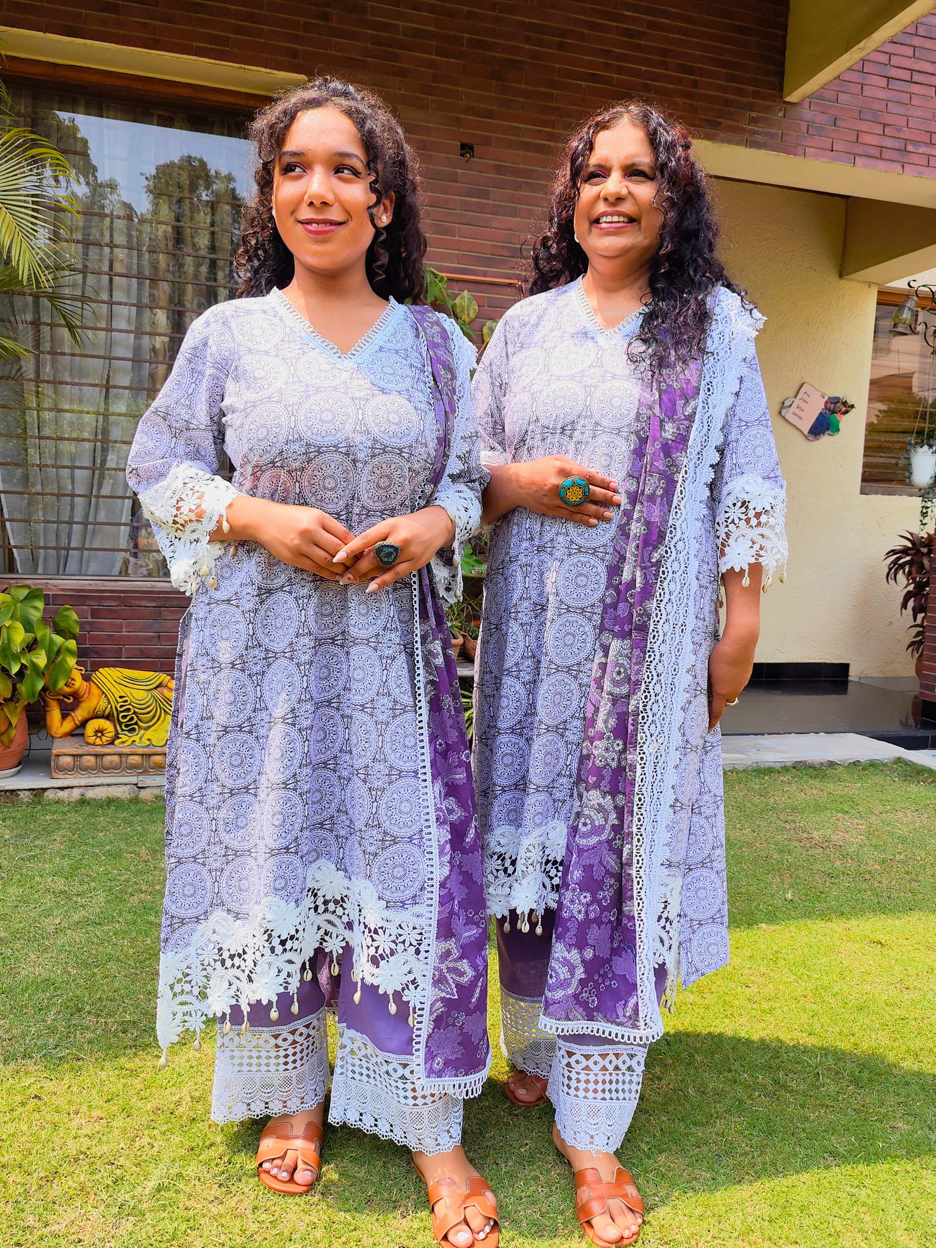 Purple Handblock White Italian Lace Cotton Stitched Suit Set