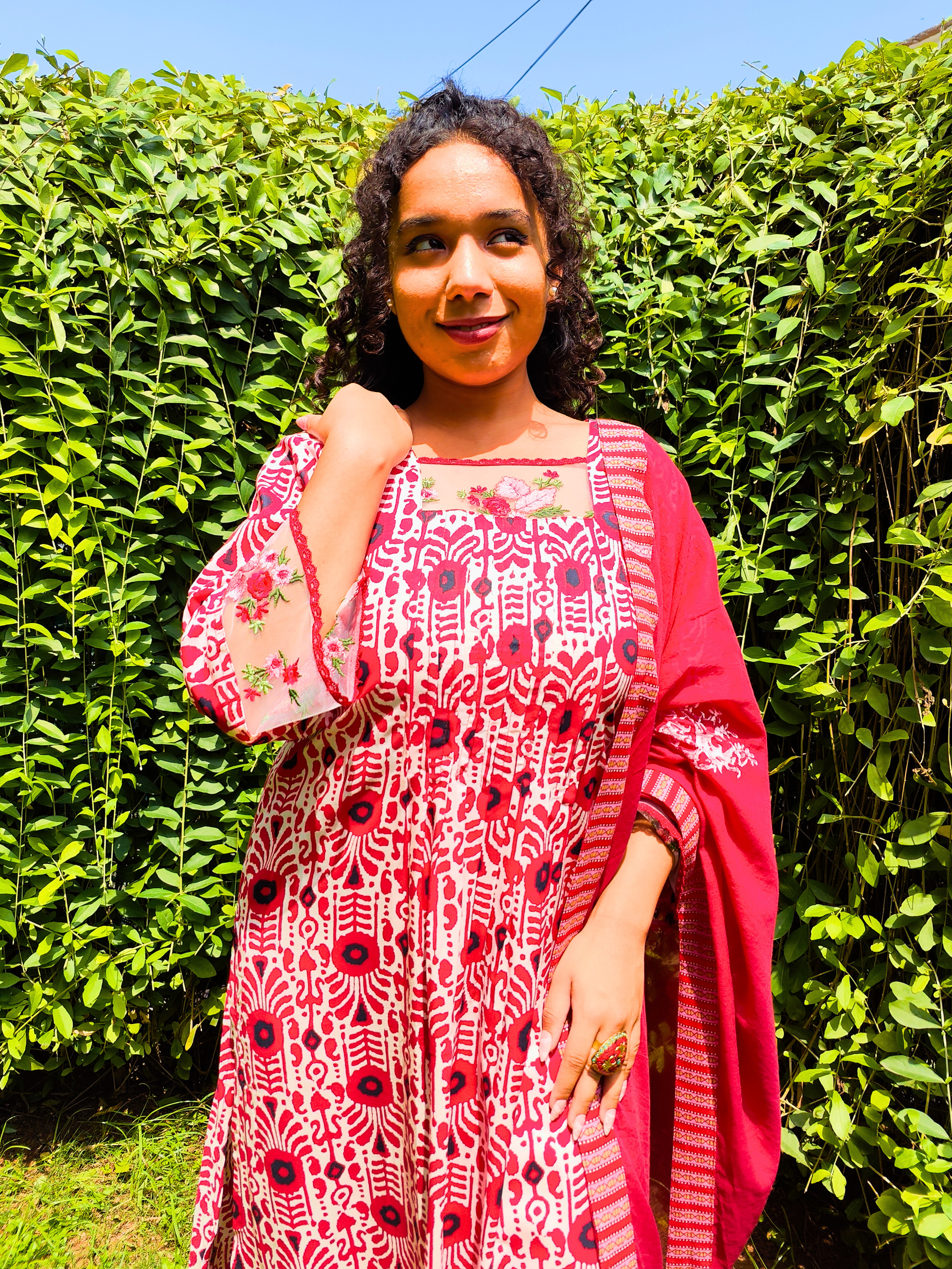 Red and White Floral Embroidered Lace Cotton Stitched Suit Set