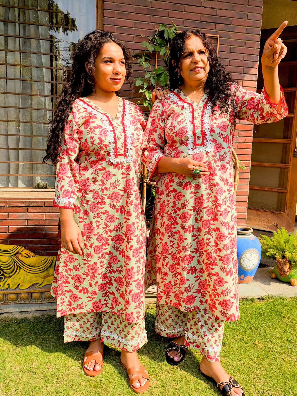 Red Floral Digital Printed Lace Cotton Stitched Co-Ord Set