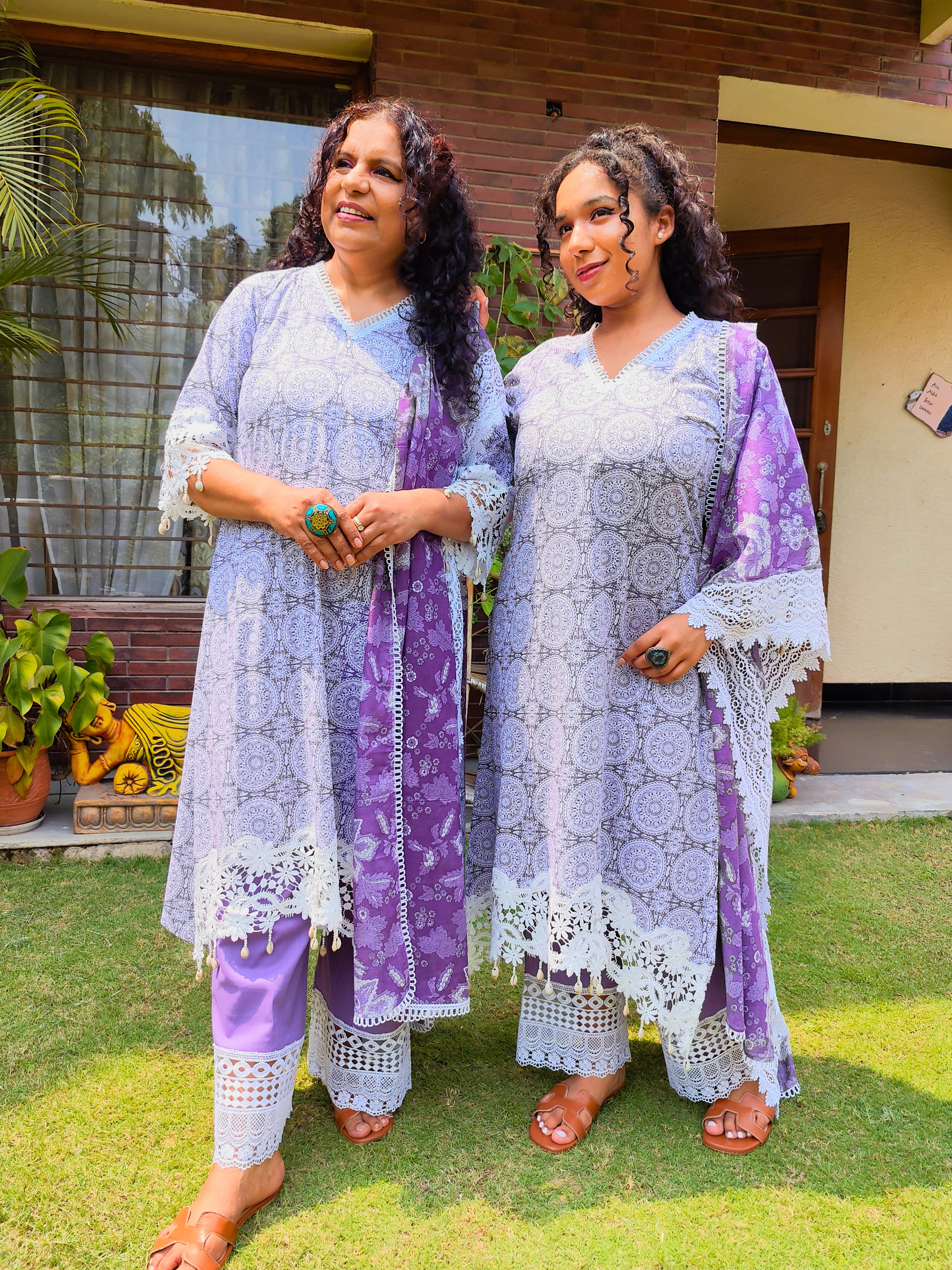Purple Handblock White Italian Lace Cotton Stitched Suit Set