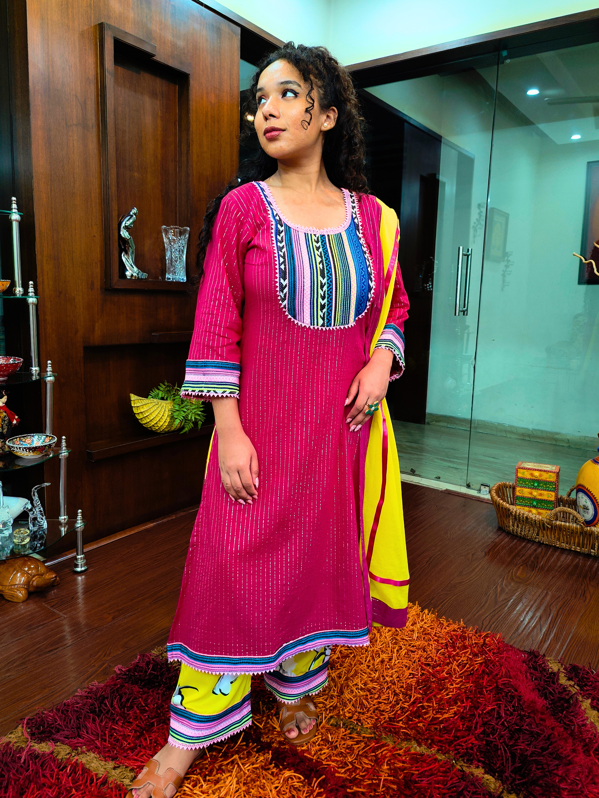 Maroon Striped Multi Embroidered Cotton Stitched Suit Set