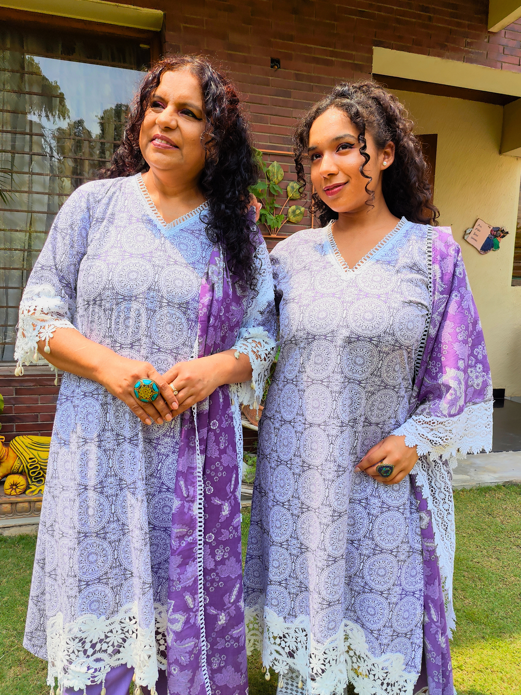 Purple Handblock White Italian Lace Cotton Stitched Suit Set