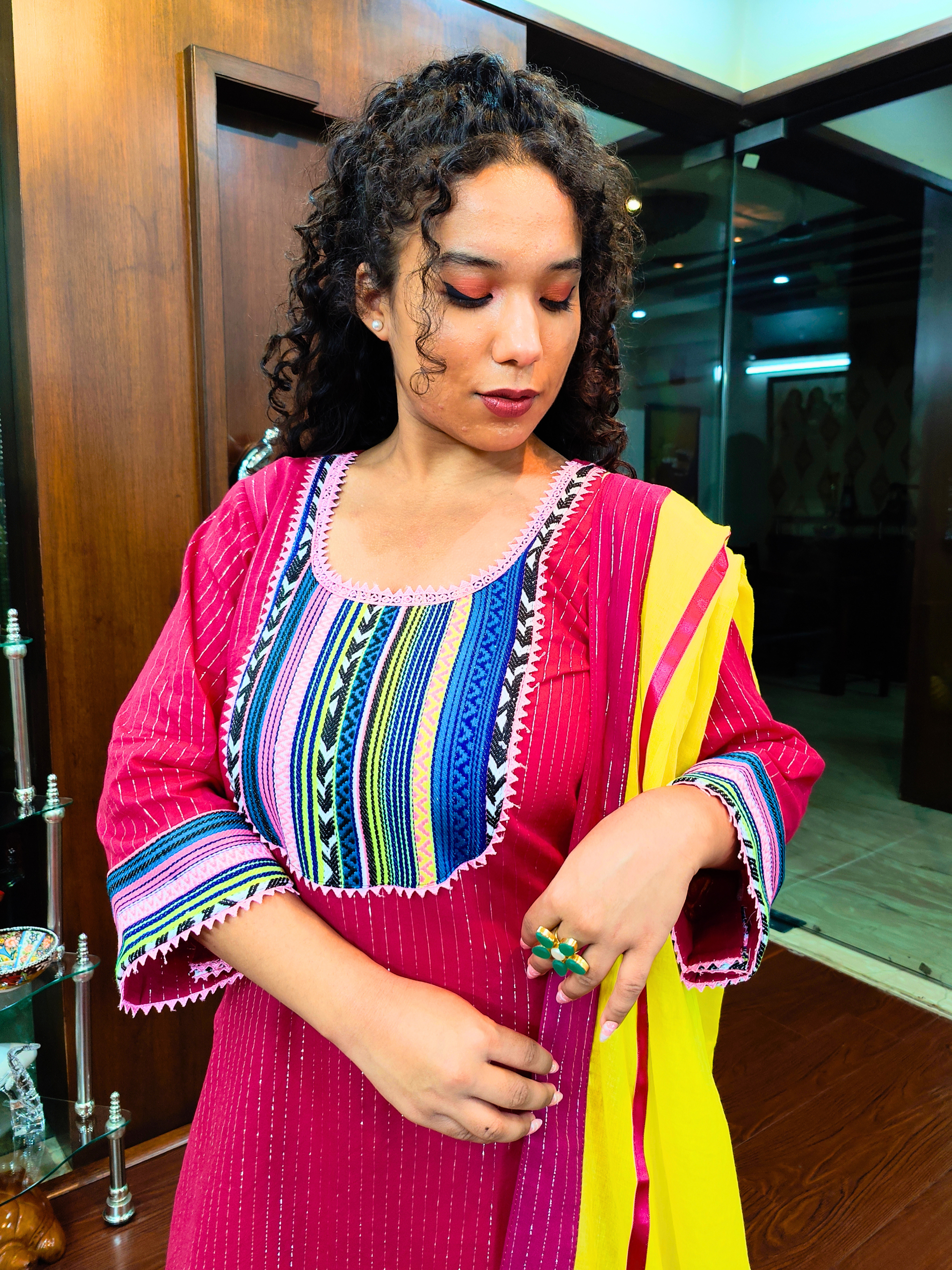 Maroon Striped Multi Embroidered Cotton Stitched Suit Set