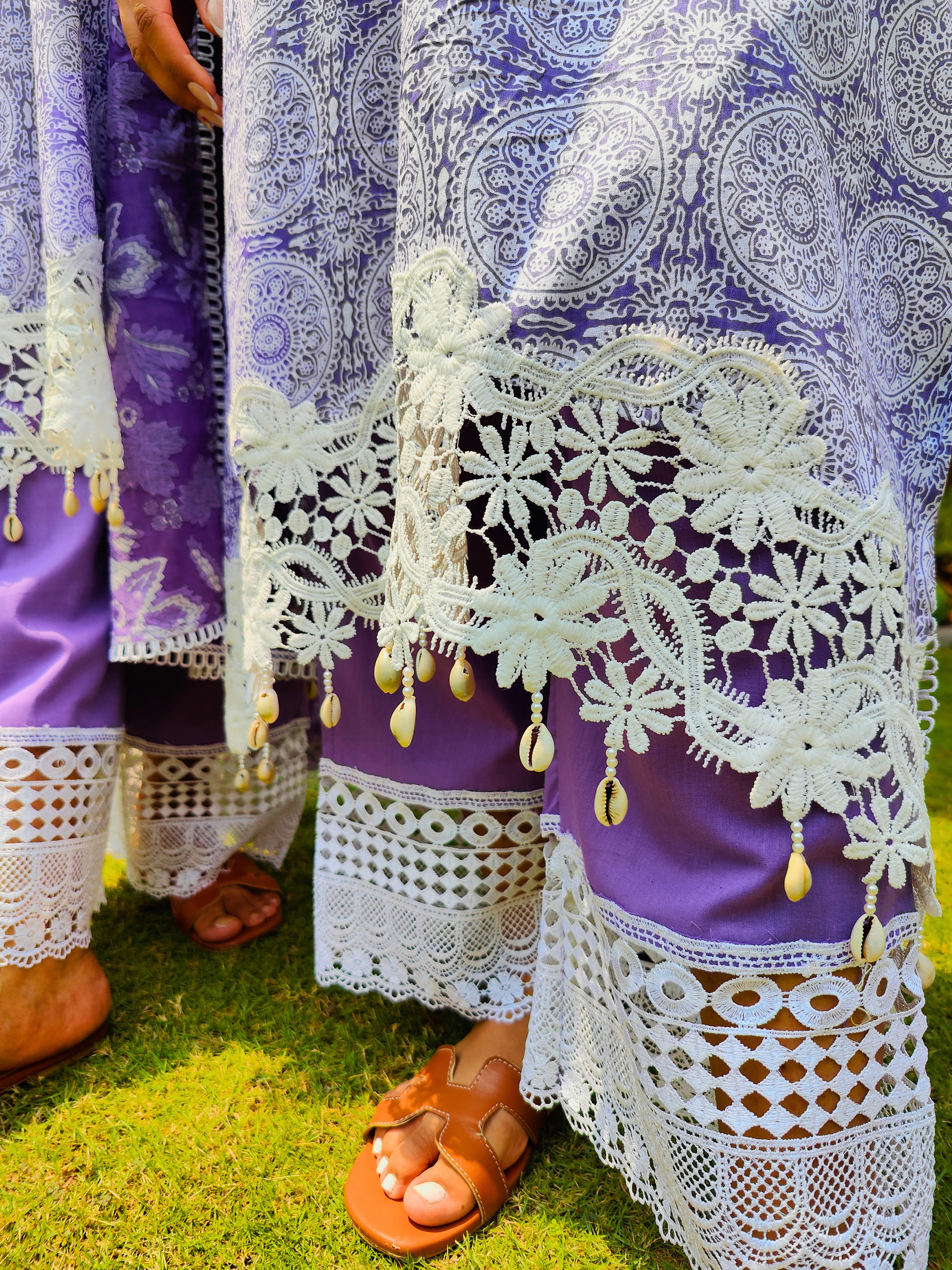 Purple Handblock White Italian Lace Cotton Stitched Suit Set