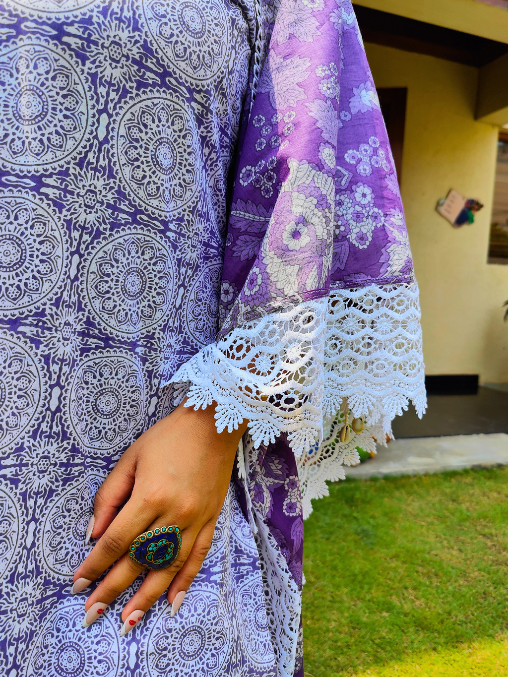 Purple Handblock White Italian Lace Cotton Stitched Suit Set