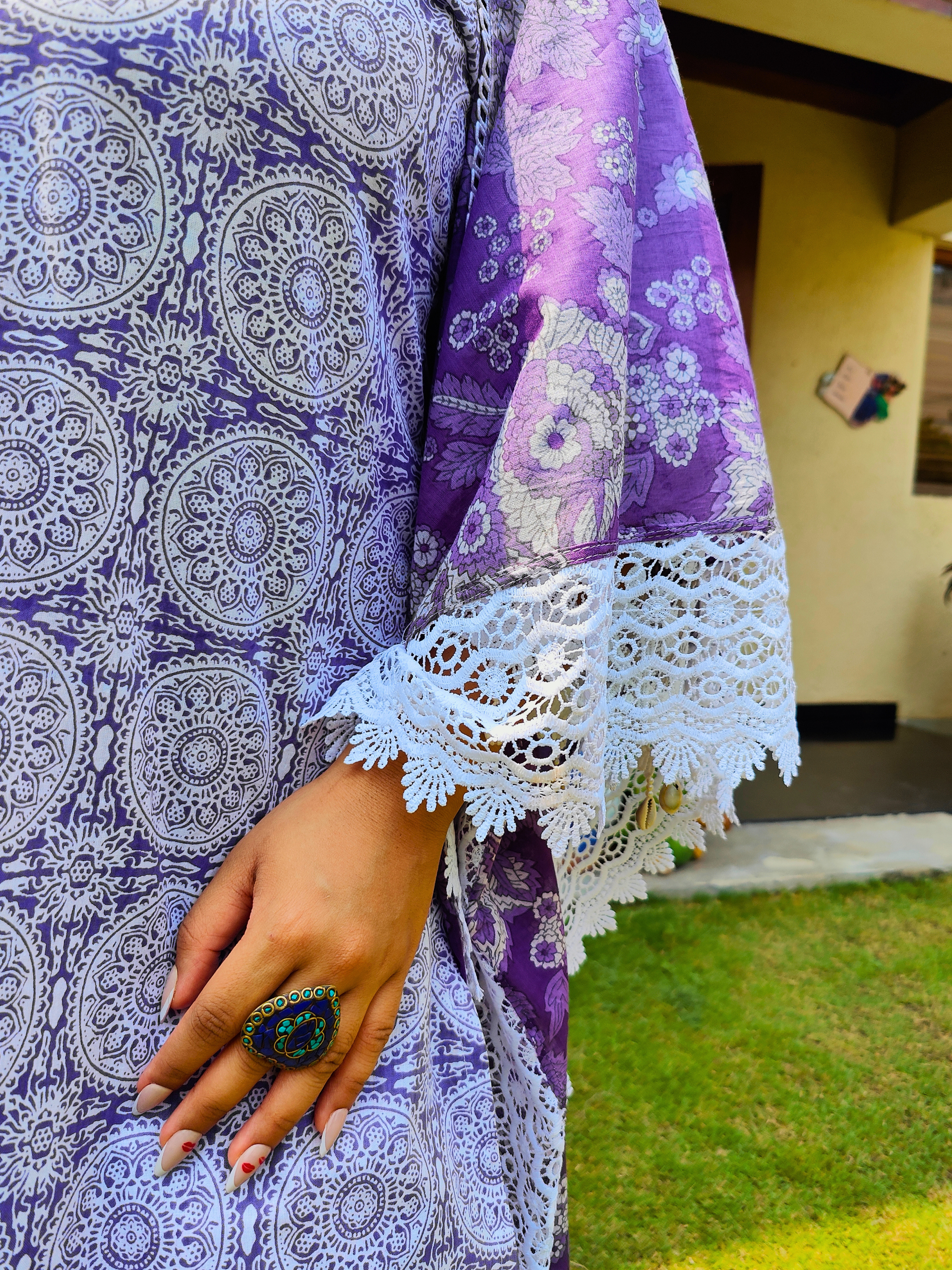 Purple Handblock White Italian Lace Cotton Stitched Suit Set